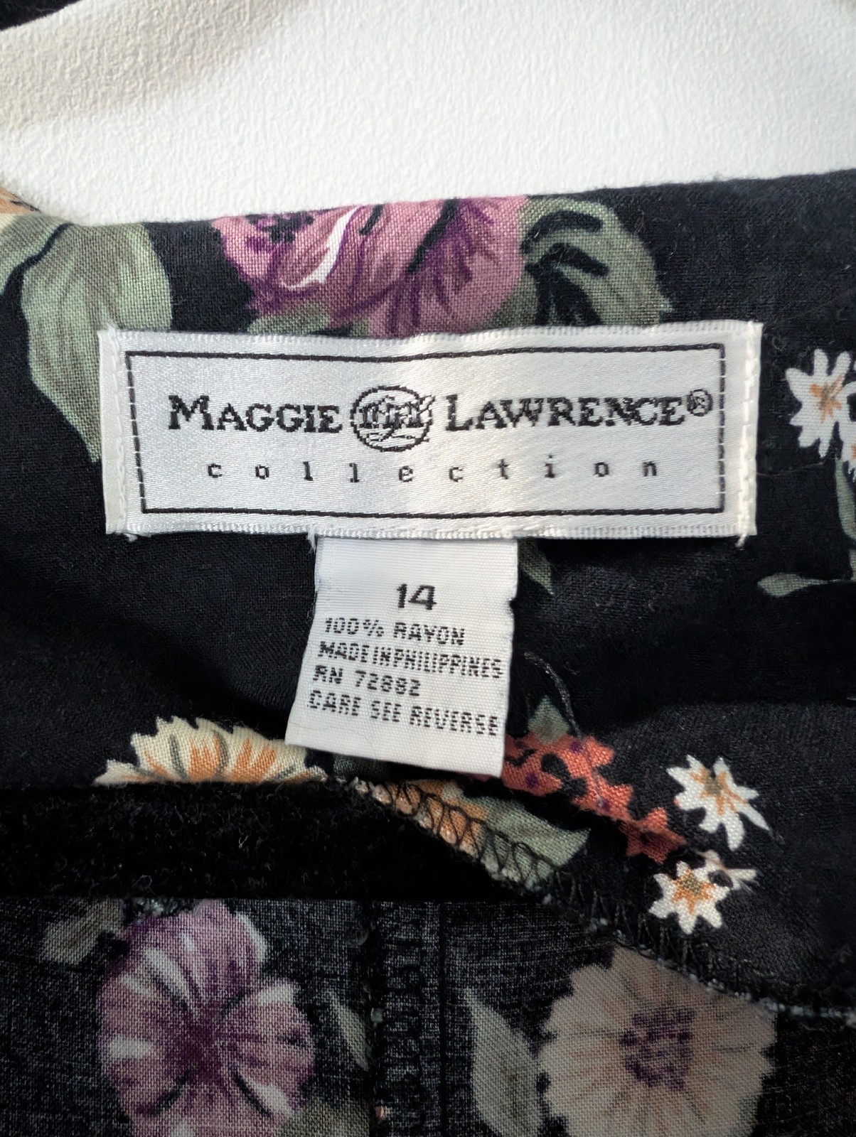 90s Maggie Lawrence Black Purple Yellow Floral Button Down Lapel Dress L