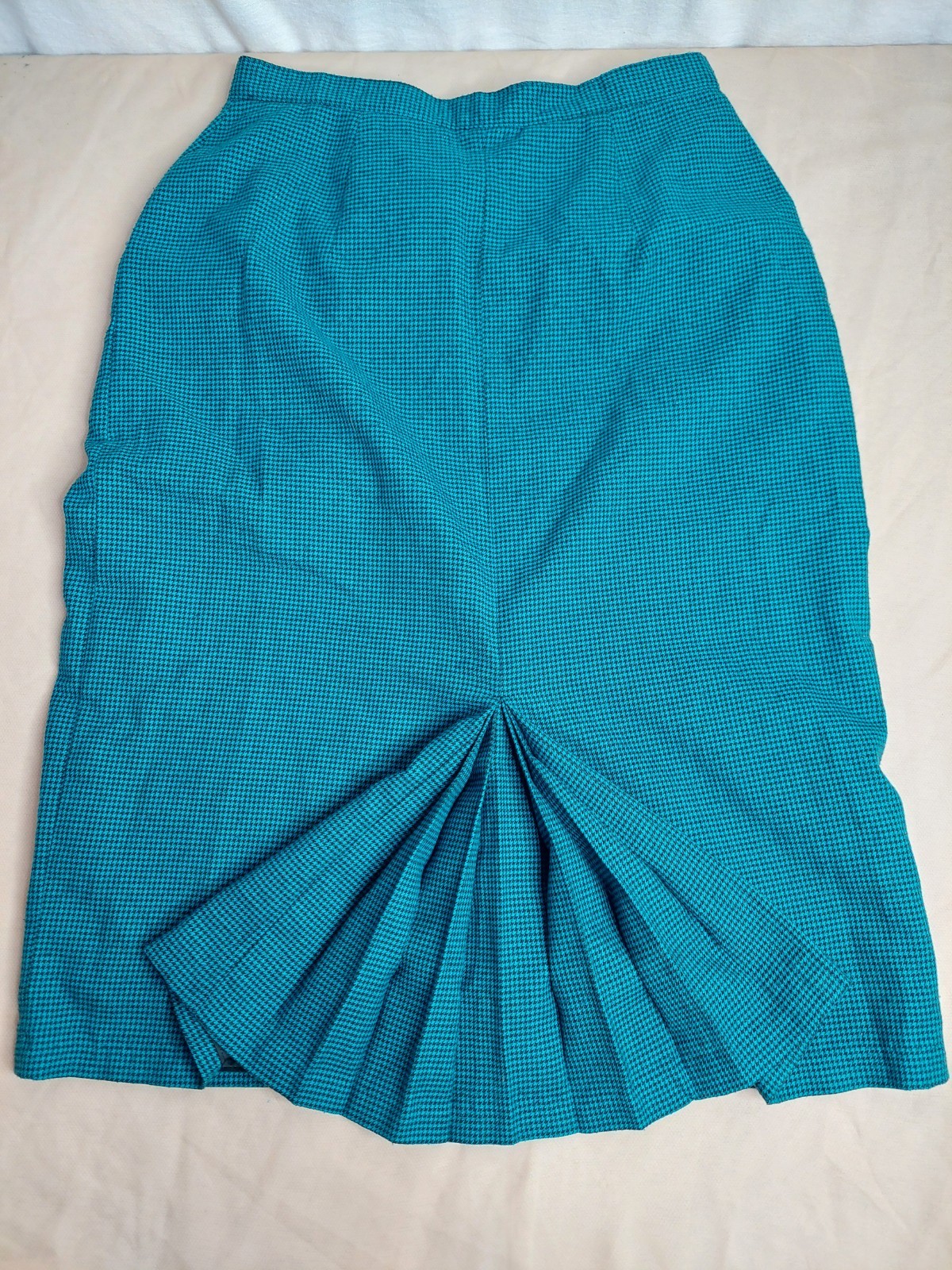 Vintage 90s Teal Houndstooth Midi Skirt S/M High Waist Pleated Back Preppy