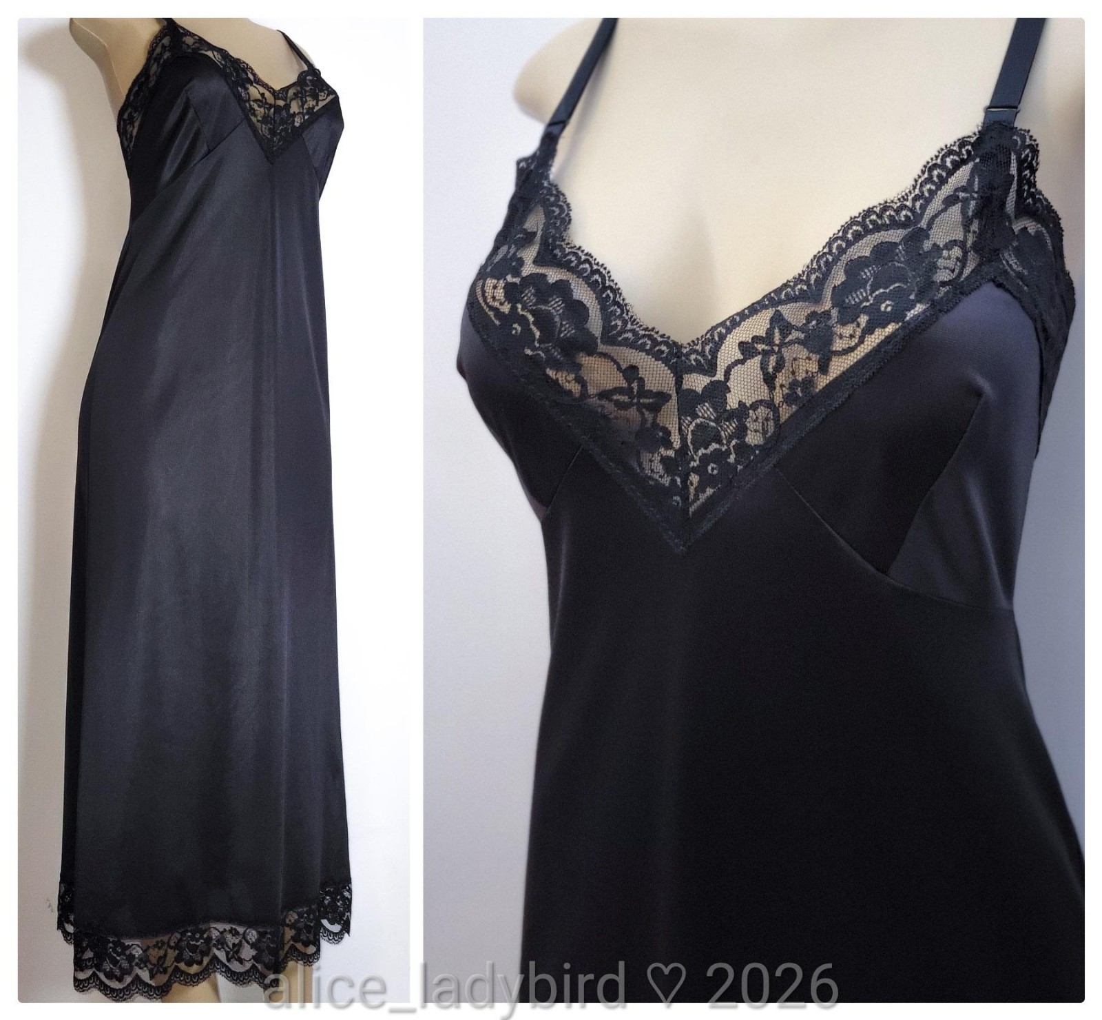 Vintage SILKY Long SLIP Chantilly LACE Slit Full LINGERIE Dress Tall ~L 38-40