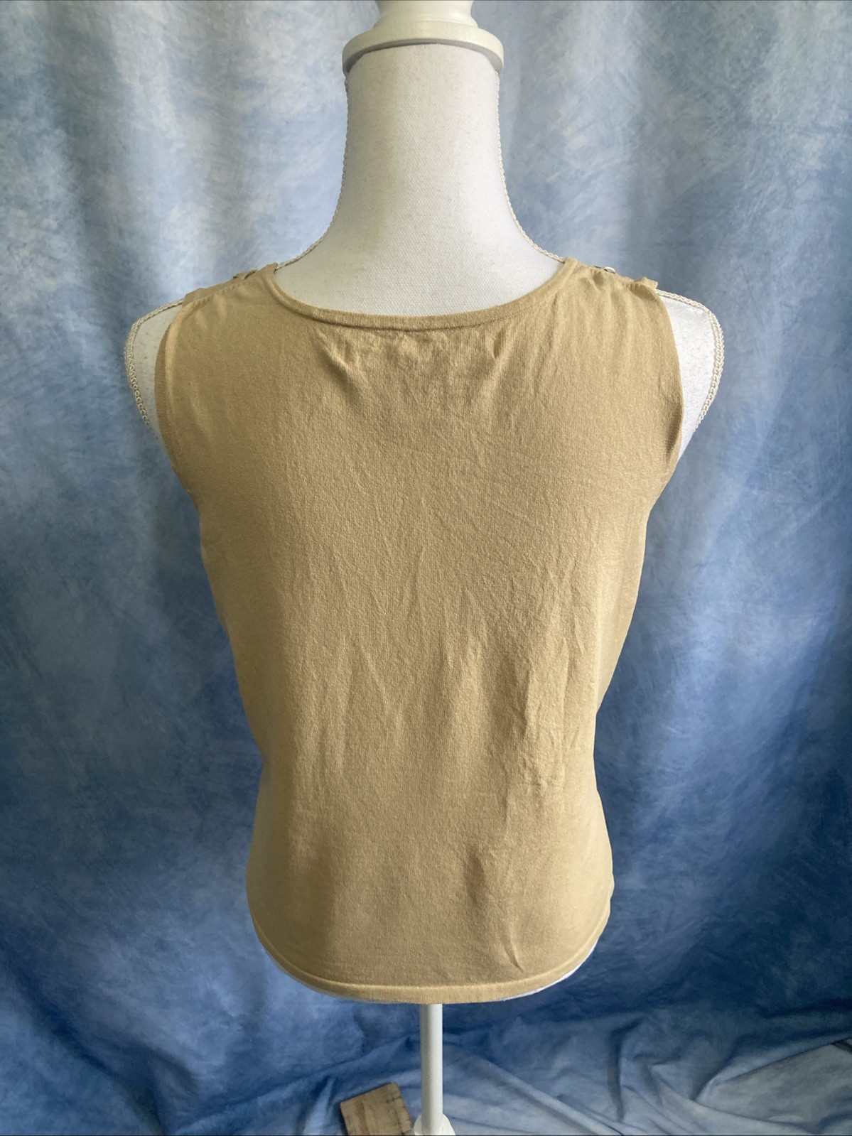 Vtg 2000s Max Studio Y2K Tan Lace-Up Ribbon Tank Top Rayon Nylon Blend Med GUC