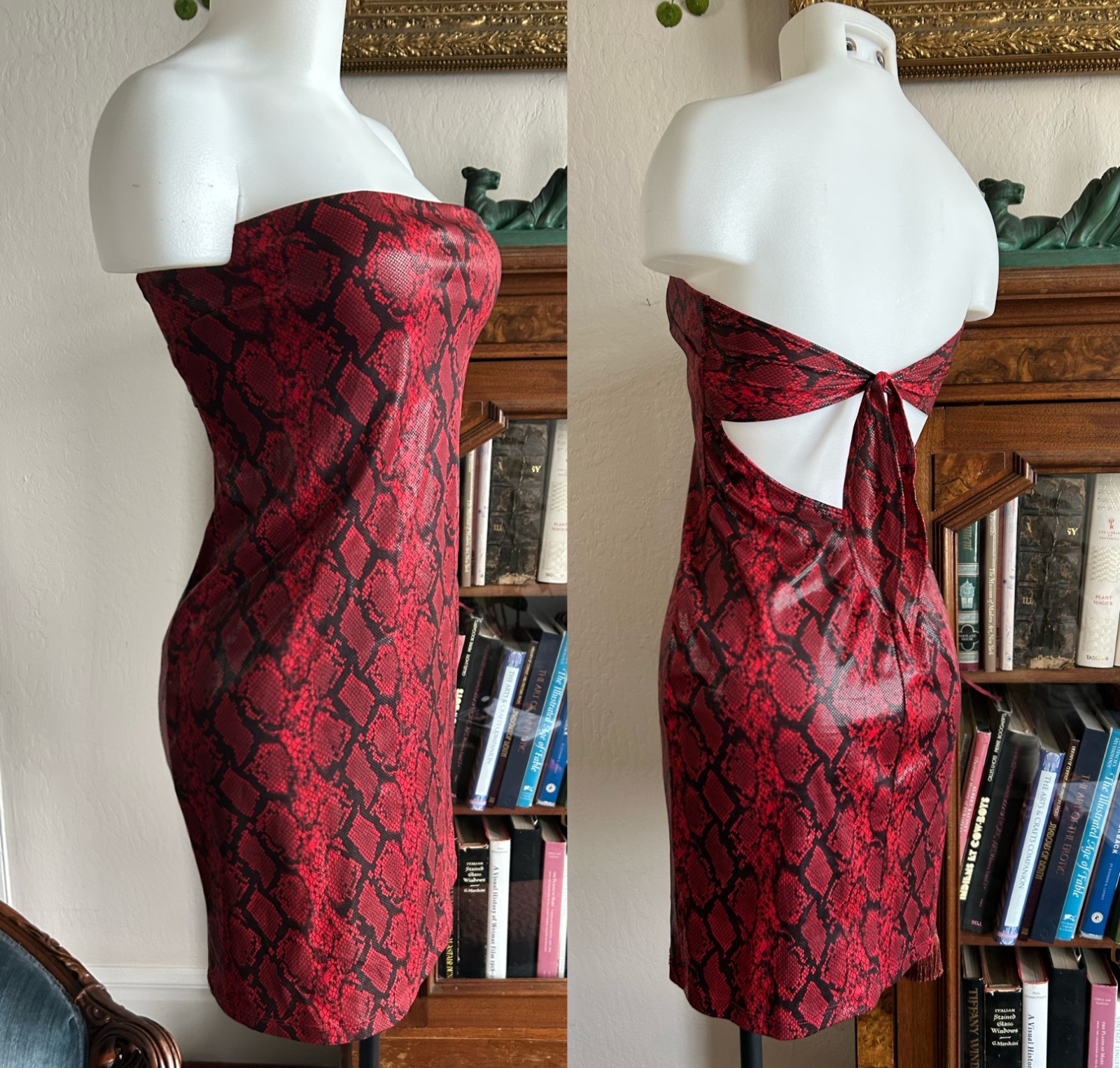 Vintage Shiny Red Snake Print Tube Dress Gothic Club 90s Y2K Vamp Club Midi Med