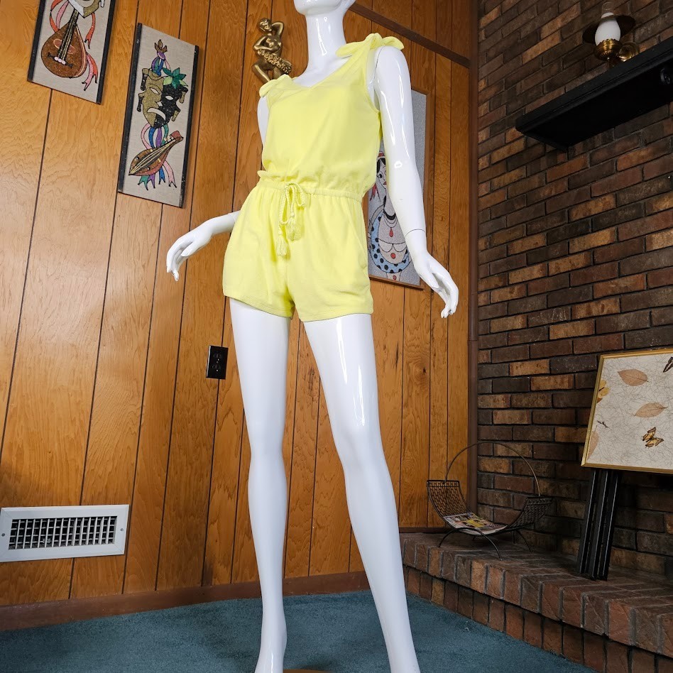 Vintage 80s Playsuit Terry Cloth Bathing Suit Coverup Cheeky Shorts Romper S/M