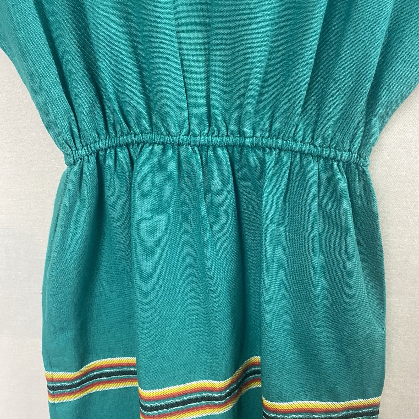 Vintage Guatemalan Teal Embroidered Cotton Dress – Handmade Artisan Lupita -Sz S