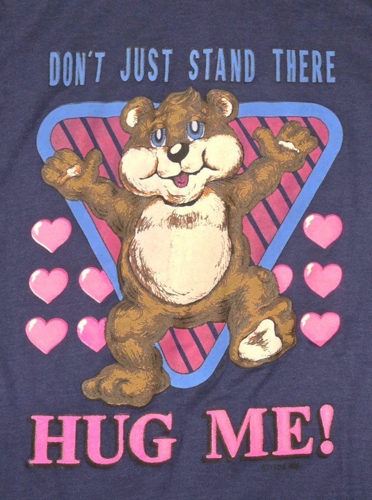 Vintage 1982 Bear Hug Me Graphic T Shirt 80s Navy Blue 50/50 Blend Tag Large