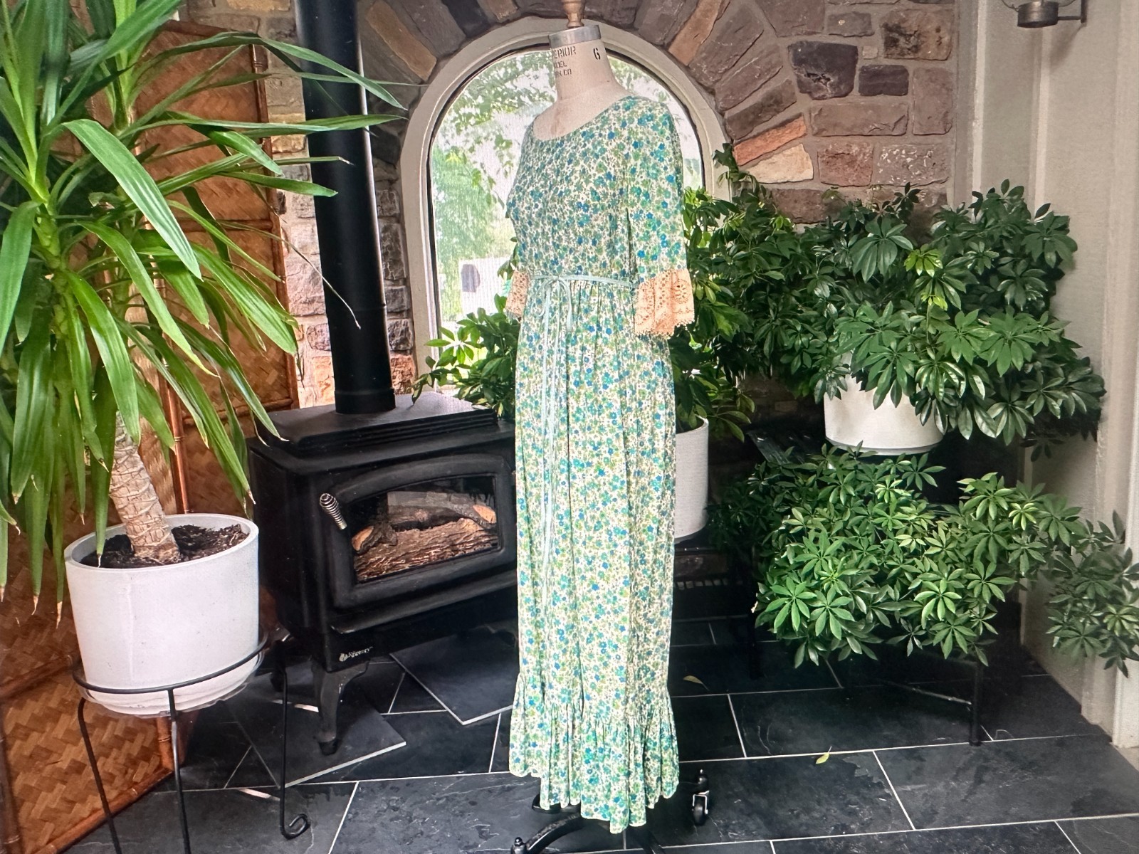 Vintage 1960s Green Blue Ivory Floral Cotton Ecru Lace Peasant Dress Gary Jay