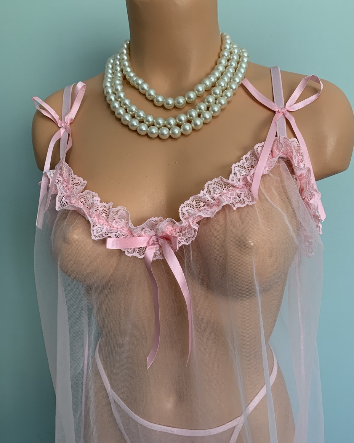 NEW Frilly SHEER Chiffon Nightie Babydoll Negligee L /XL Panties Satin Ribbons