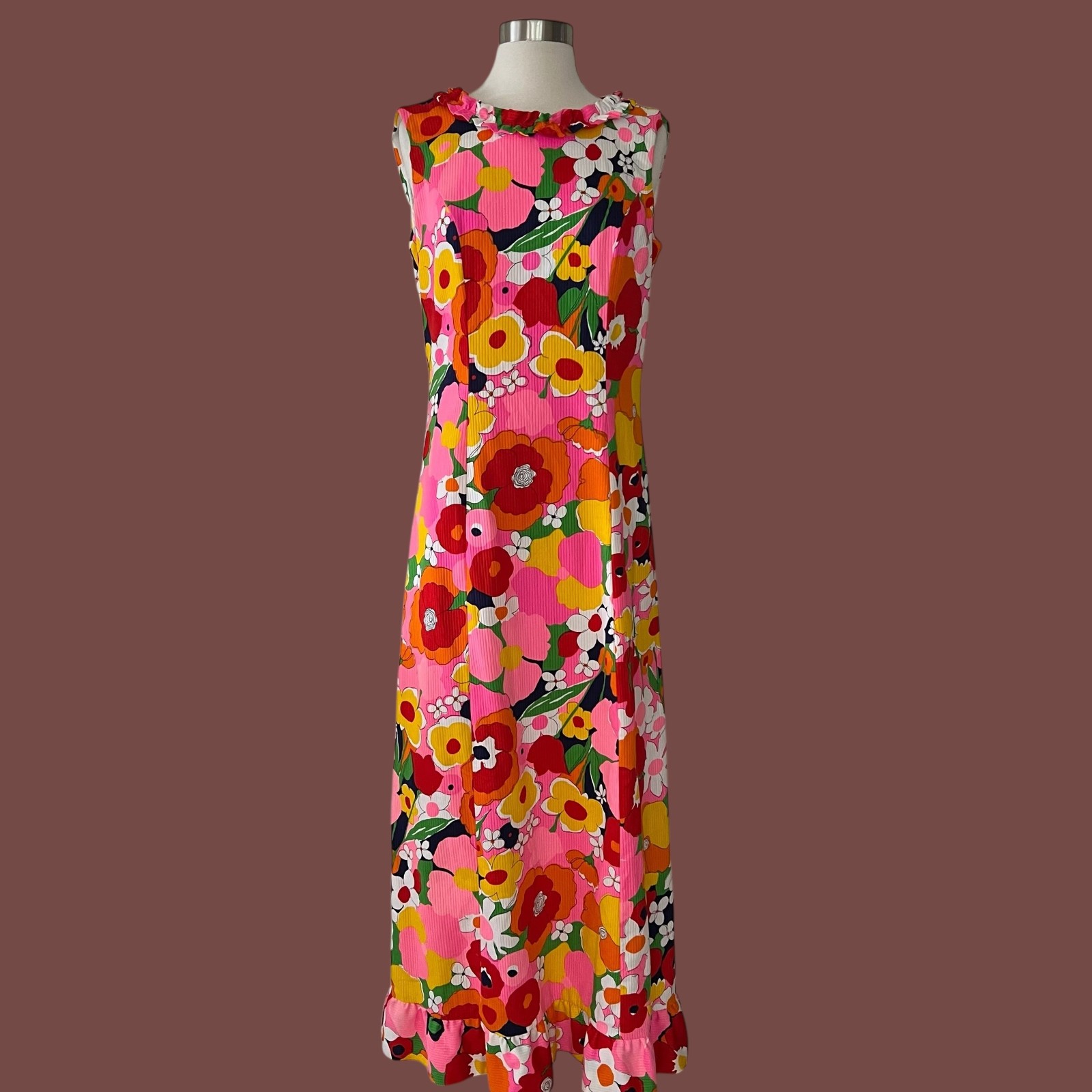 Vintage 70s Flower Power Neon Maxi Dress, Day Glo, Hippy, Cotton