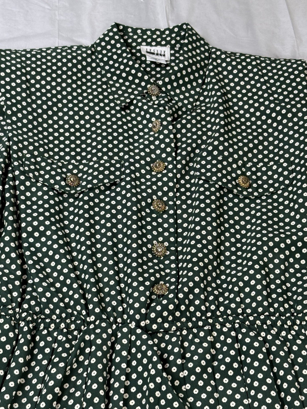 Vintage 80s Leslie Fay Hunter Green Polka Dot Midi Secretary Dress – Size 10 EUC