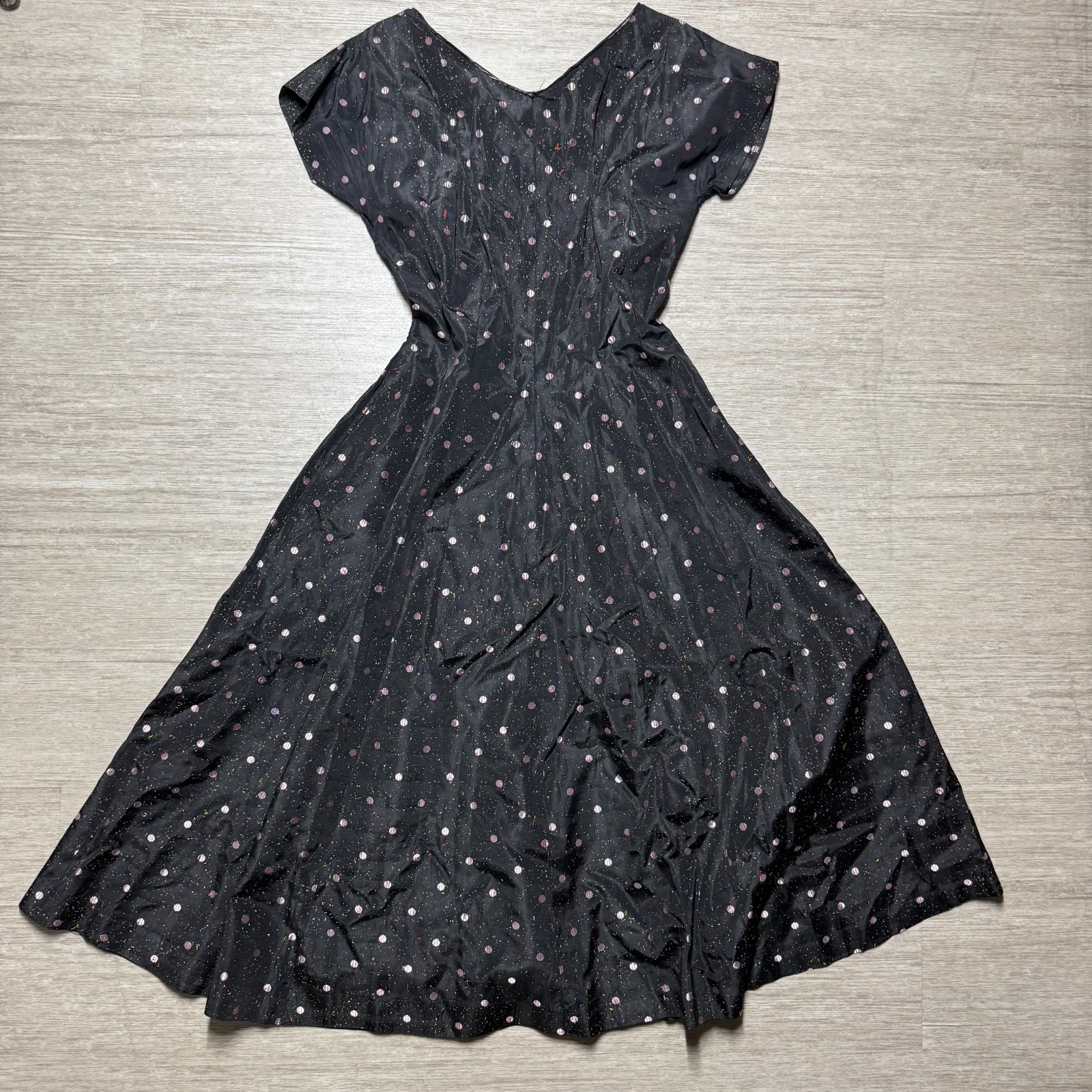 Vintage 1950s Novelty Polka Dot & Paint Splatter Acetate Taffeta Dress S/M