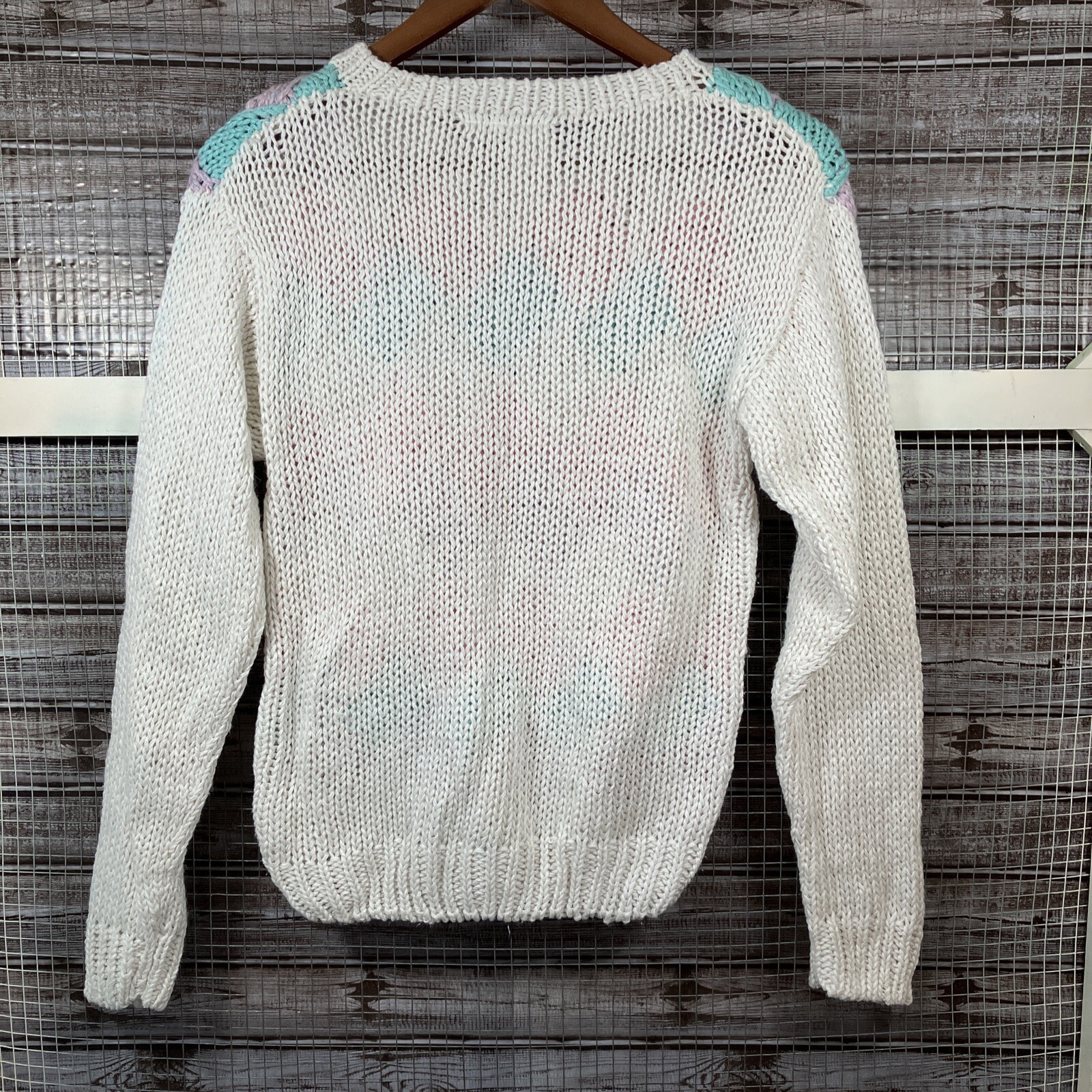 Vintage Chunky Knit Pastel Argyle Diamond Checkerboard Sweater Sz S White 80’s