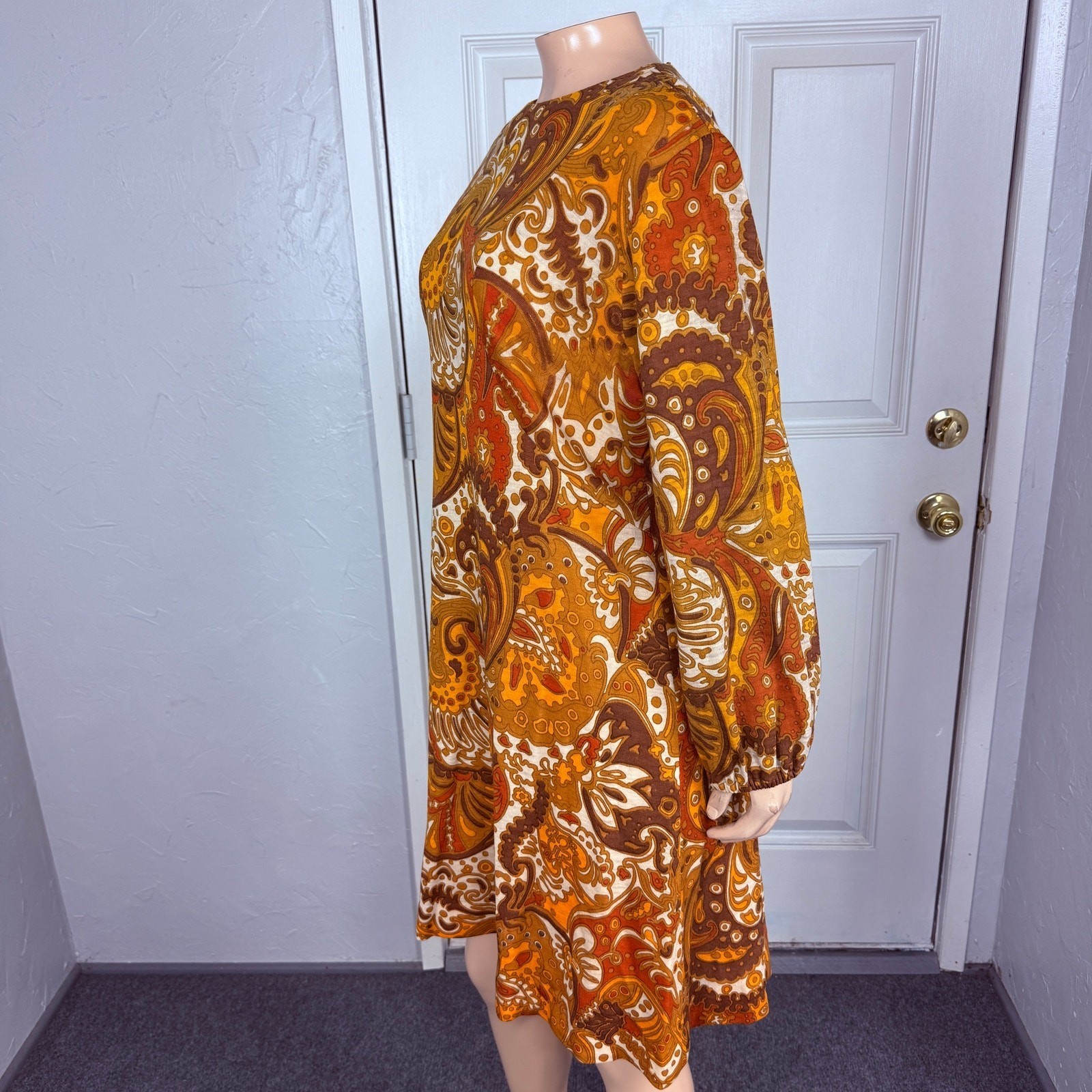 Vintage 70s Unbranded Women’s Dress Wool Paisley Mod Retro Long sleeve L3-20