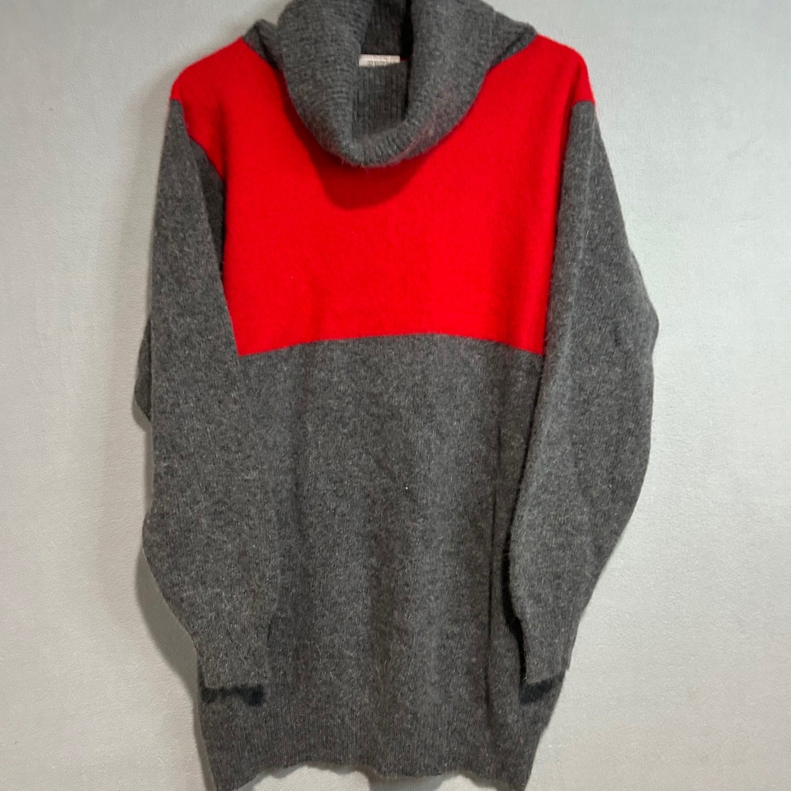 Vtg Lambswool Angora Tunic Sweater Women L Gray Red Colorblock Cowl Neck Fuzzy