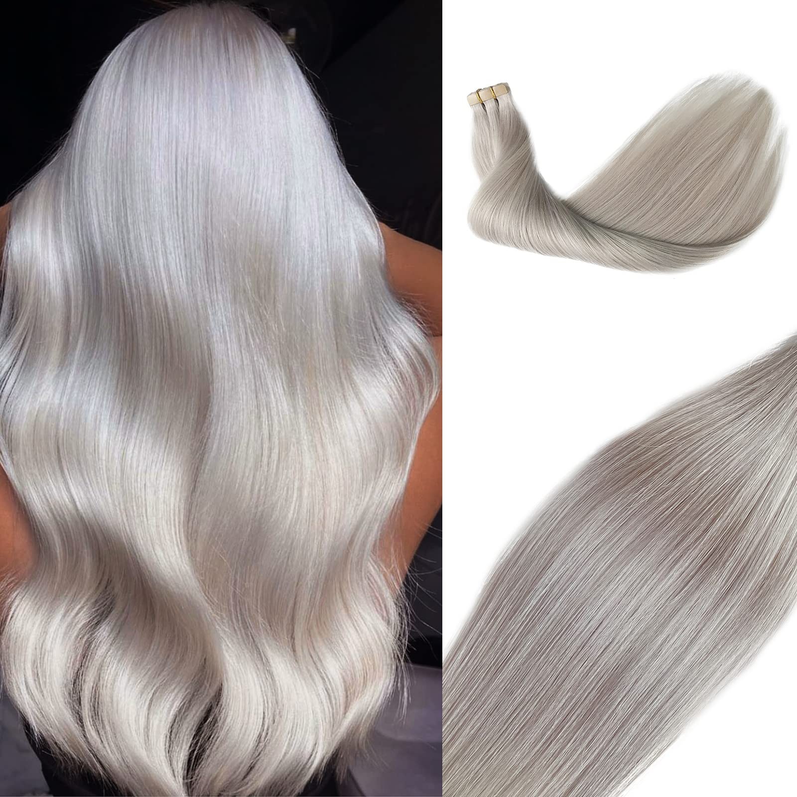 22″ Platinum Silver Remy Human Hair Tape-in Extensions 60g 20pcs Silky Straight