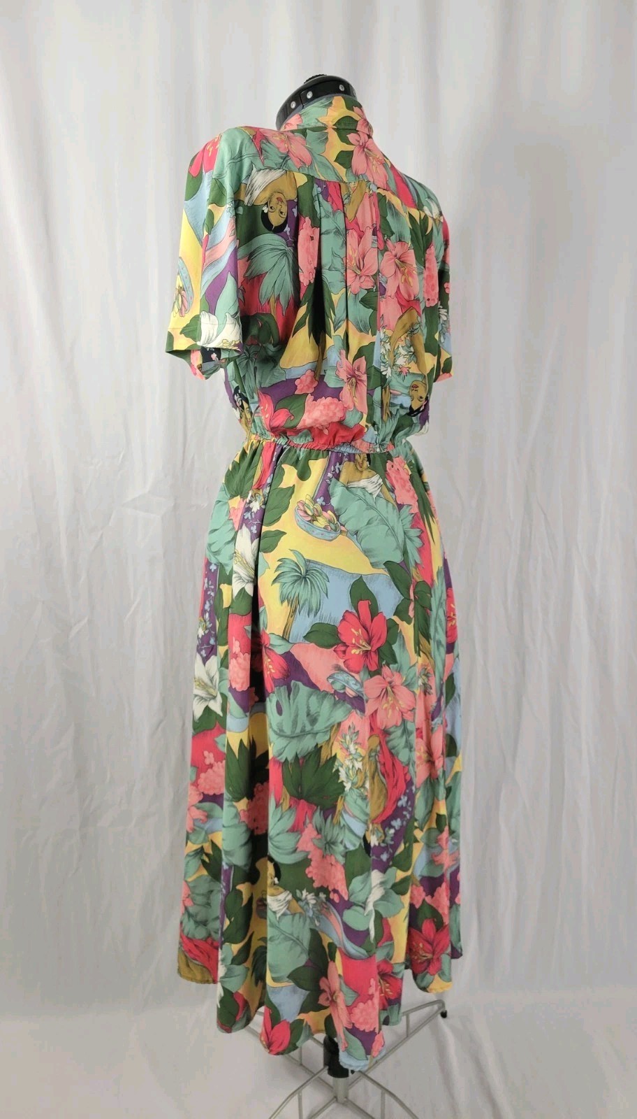 Vtg Carol Anderson Multicolor Floral & Lady Printed Blouson Dress Size S/M?