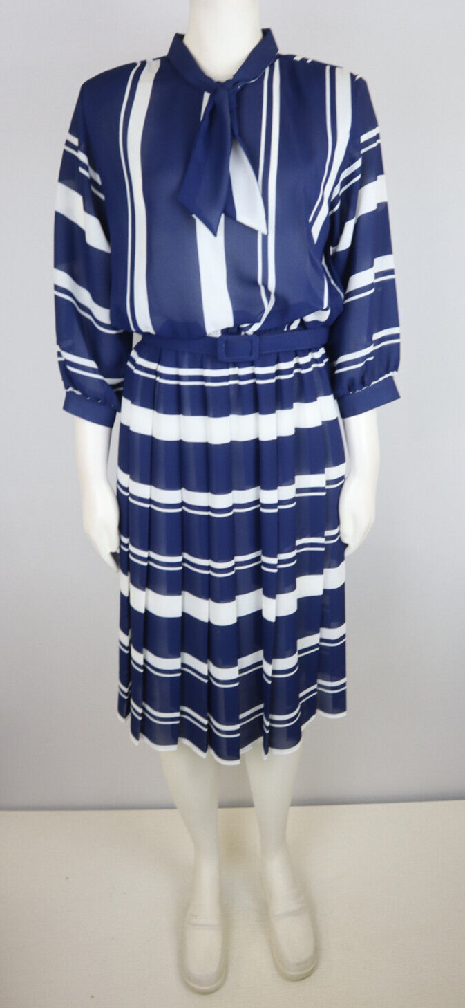 VINTAGE WOMEN’S SHEER BLUE STRIPED BELTED DRESS – LADY CAROL – SIZE 10P