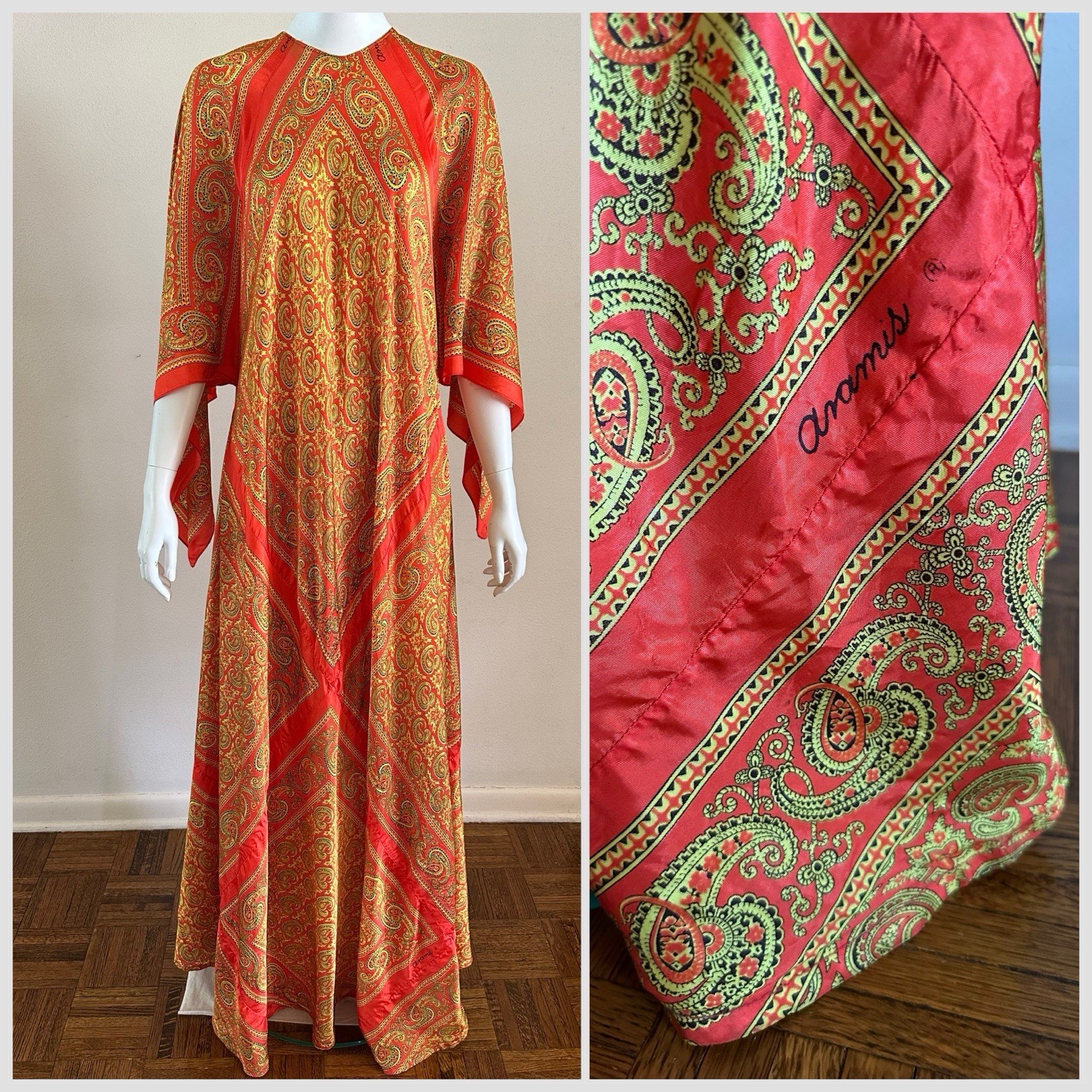 70s VTG Mexican Aramis Scarf Caftan Dress 63” Extra Long Tall Maxi Angel Sleeve
