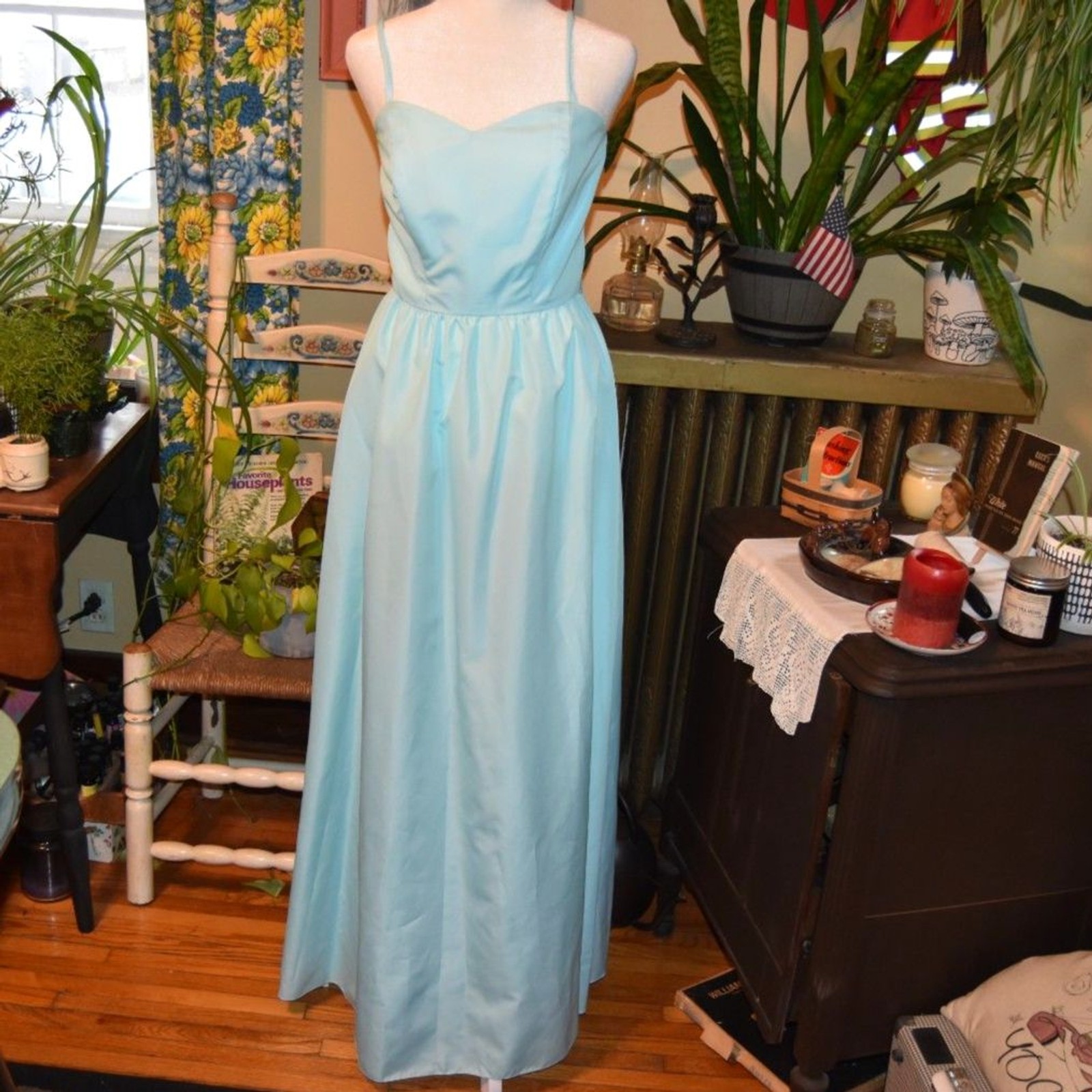 Vintage 1970s Powder Blue Satin Dress Spaghetti Strap Sweetheart Maxi Size XS