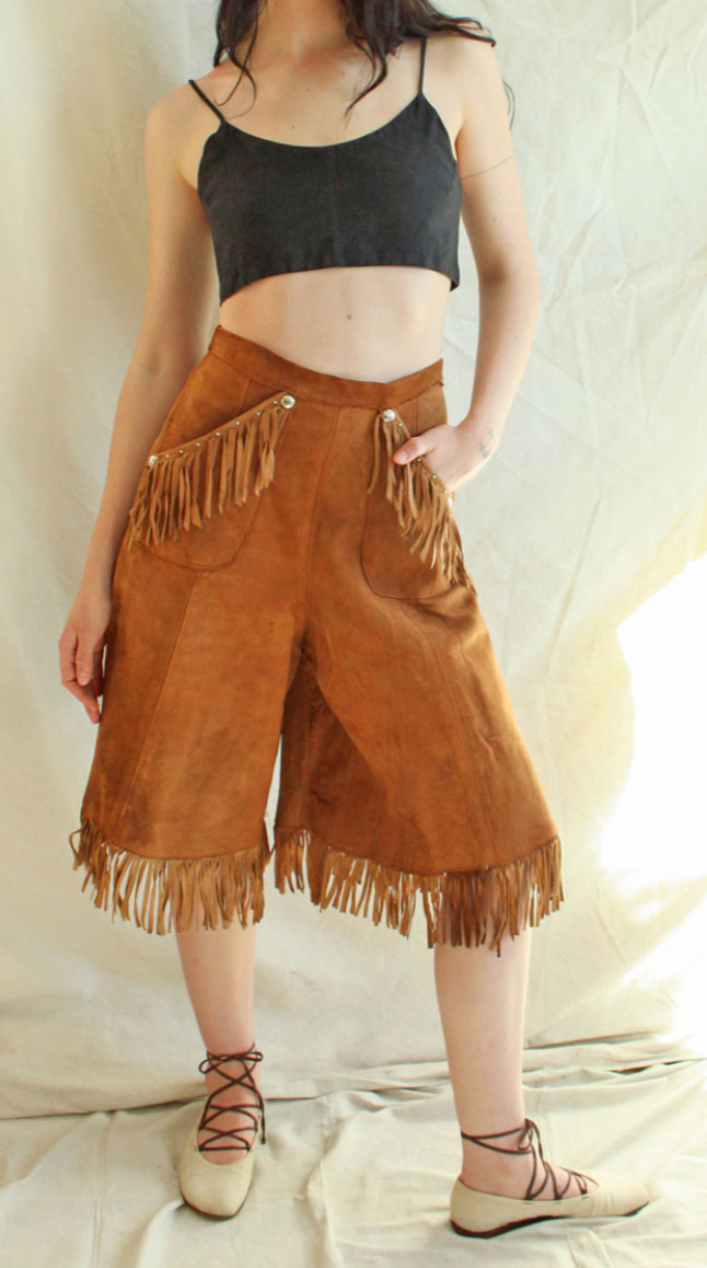 1940s suede fringe studded western culottes pants shorts lace up leather vintage