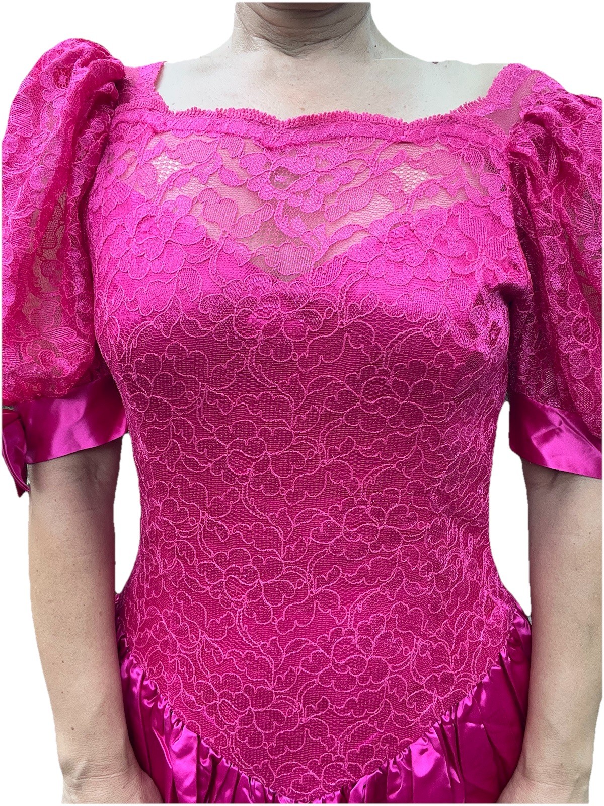 Vintage 1980s Prom Wedding Bridesmaid Princess Dress Hot Pink Taffeta Lace Bow