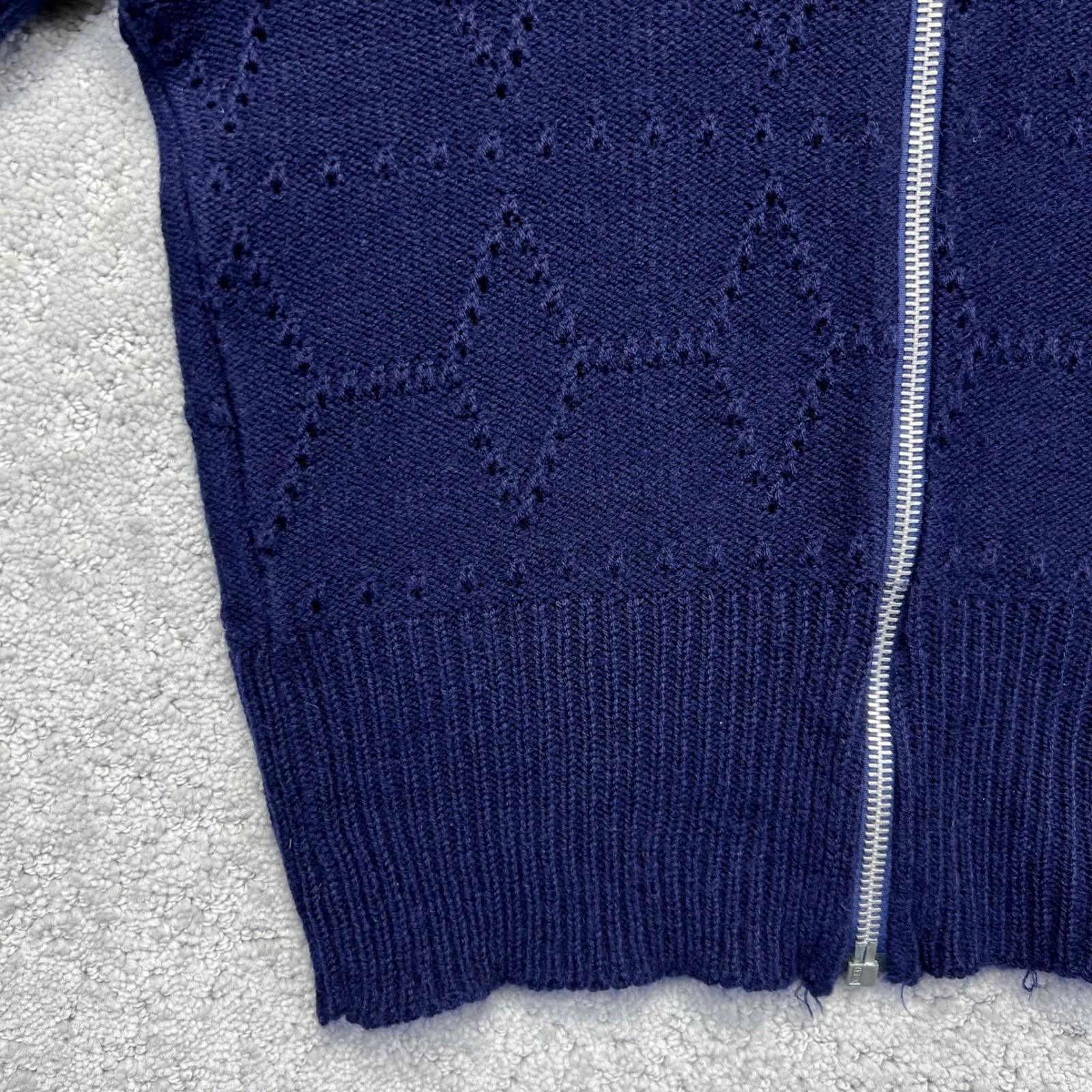 VINTAGE Young Canada Sweater Womens XS/S?? Navy Blue Diamond Knit Zip Up Acrylic