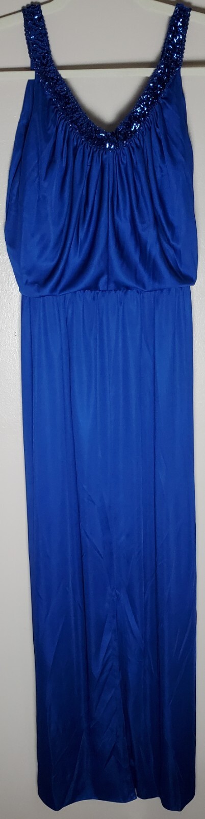 Vintage Jack Hartley Dress Blue Sequined Front Slit Long Slinky Hollywood Glam