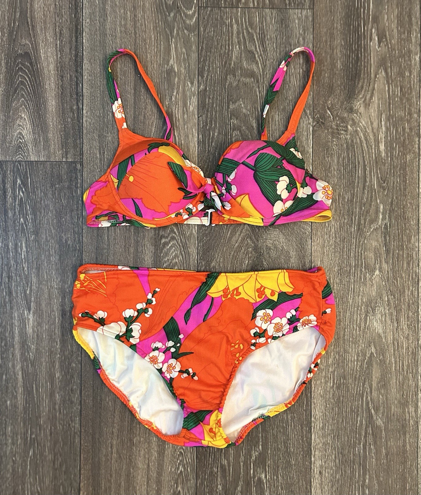 Vintage 1960s ACCENTUETTE Neon Tropical Floral Pin-up Bikini, Size 34B / M AS IS