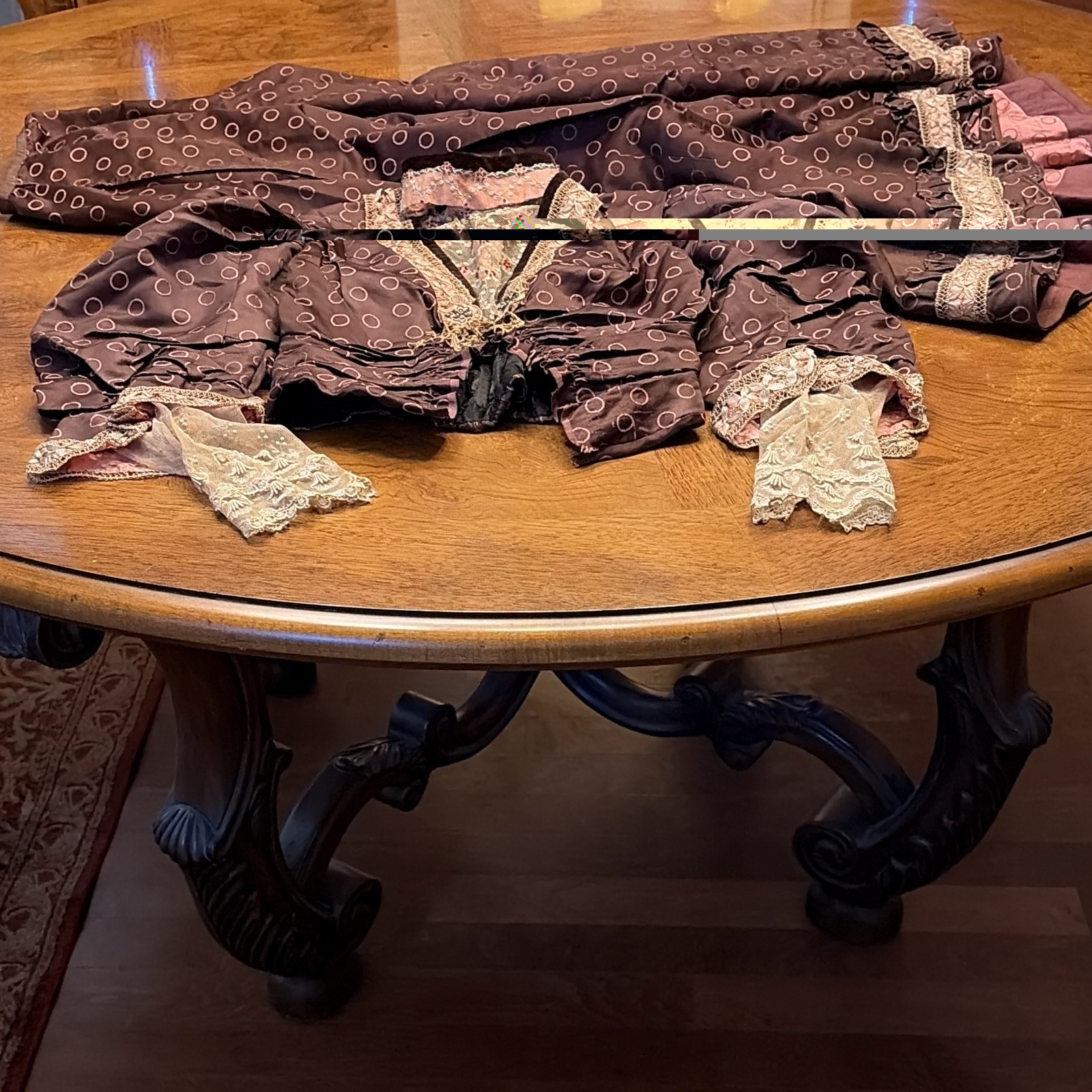 Women’s Antique Victorian Corset Dress Brown & Pink Lace Trim Full Skirt