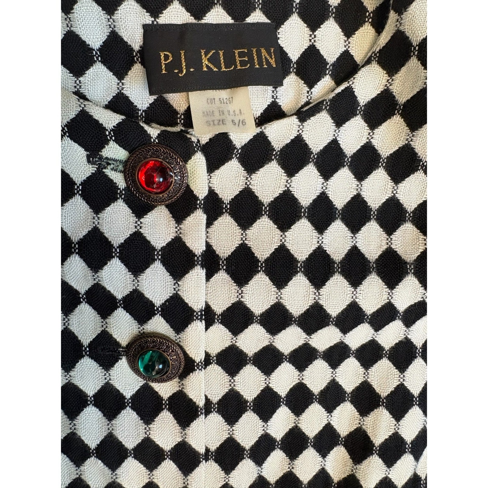 PJ Klein Vintage Harlequin Diamond Knit Dress Jewel Button Front Black White 5/6