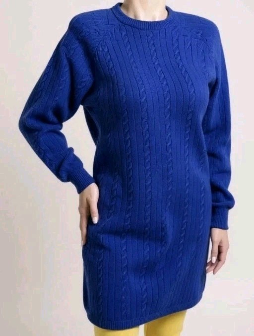 Vtg 80’s Rosanna Angora Rabbit Hair Cable Knit King Blue Color Sweater Dress! M