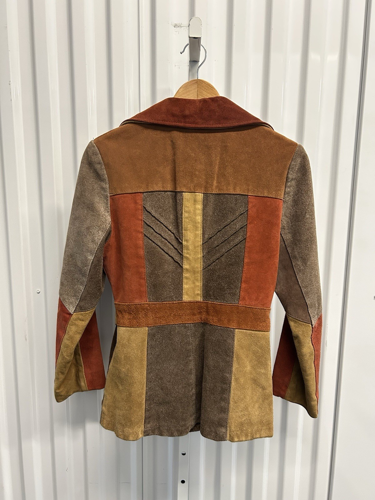VTG 70s Canada Fashions Patchwork Suede Brown Orange Belted Hippie Jacket S READ