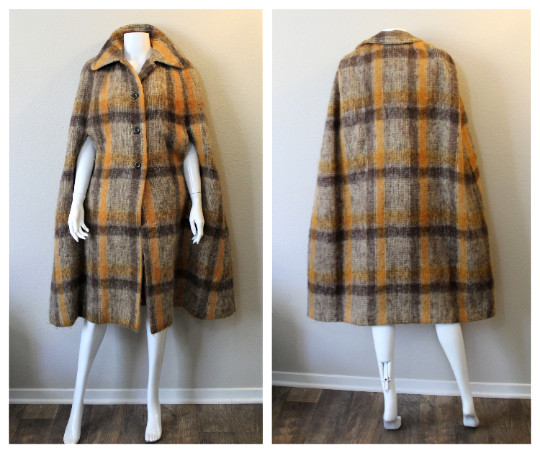 Vintage 60s Plaid Mohair Donegal Ireland Cape Coat Brown Gold Handwoven Nice!