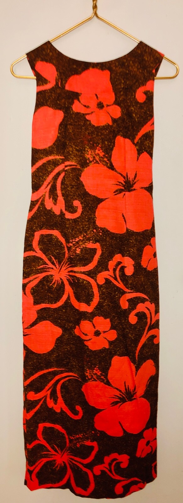 VTG 60s HUKILAU BARKCLOTH ORANGE FLORAL HAWAIIAN TIKI MAXI HOSTESS CAPE DRESS*XS