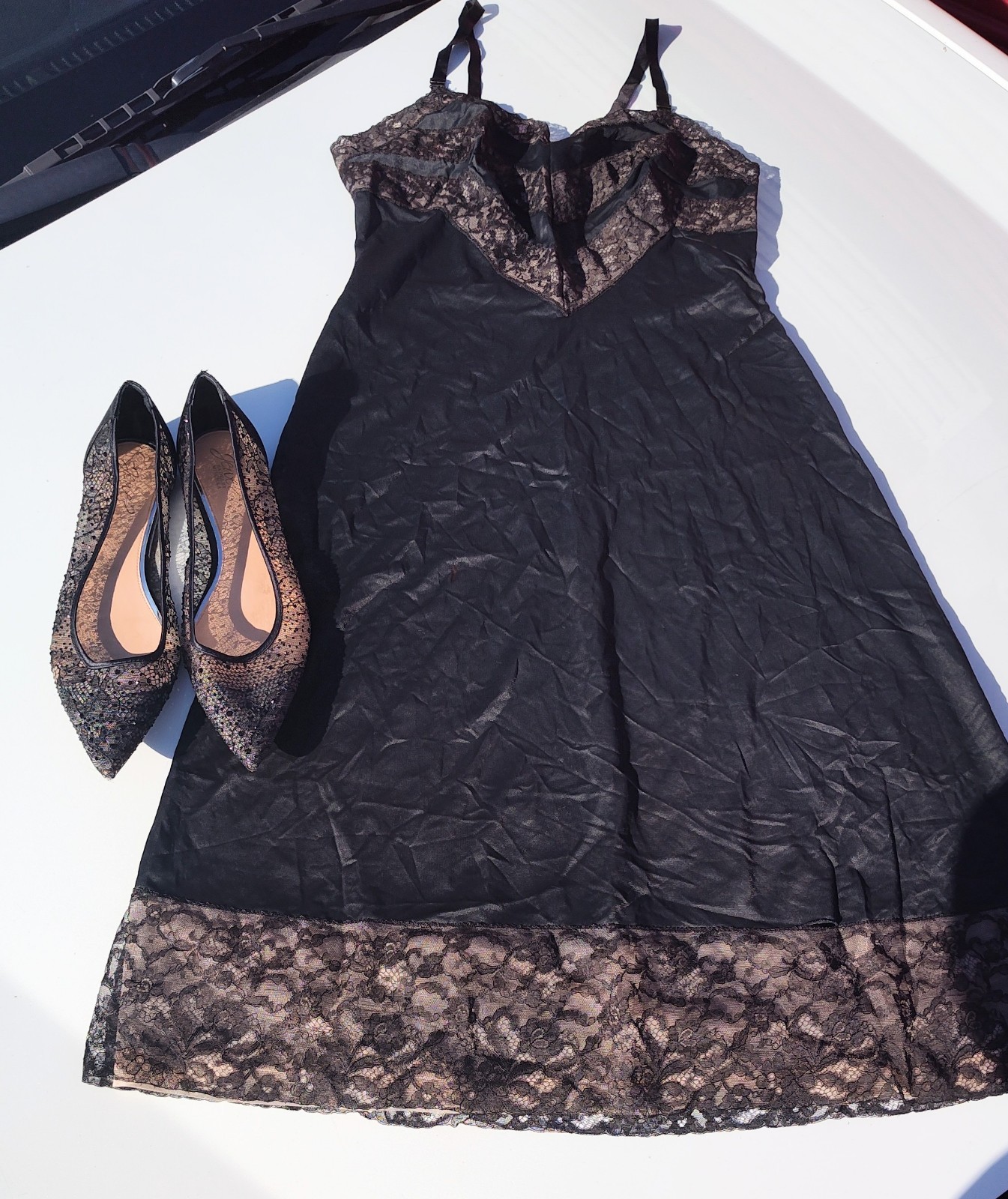 Vintage Synthetic Dress Slip Black Lace Accents W Sz 36/6 Great Condition Used