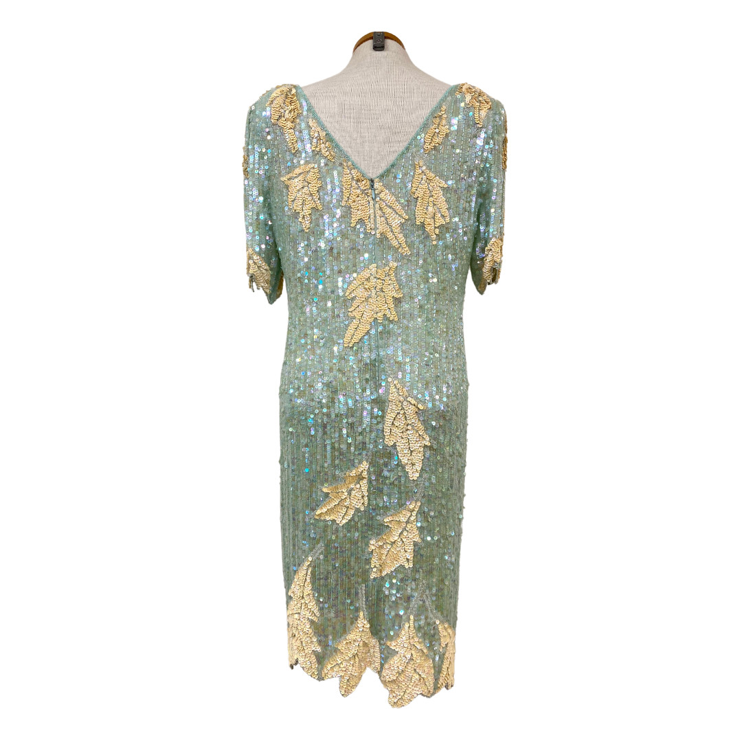 Vintage 1980s Swee Lo Icy Aqua Iridescent Sequin Beaded Cocktail Dress