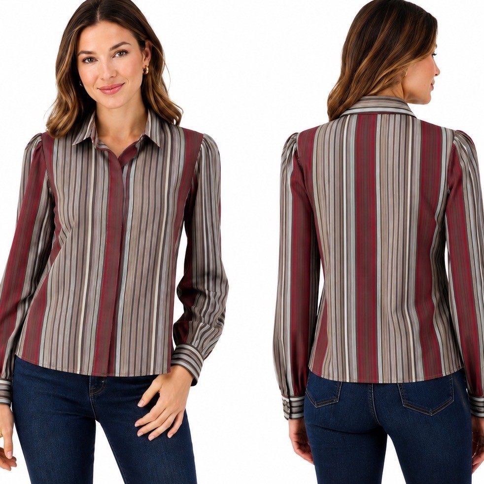 Vintage John Meyer Striped Puff Sleeve Button Down Blouse Brown Red Size 12