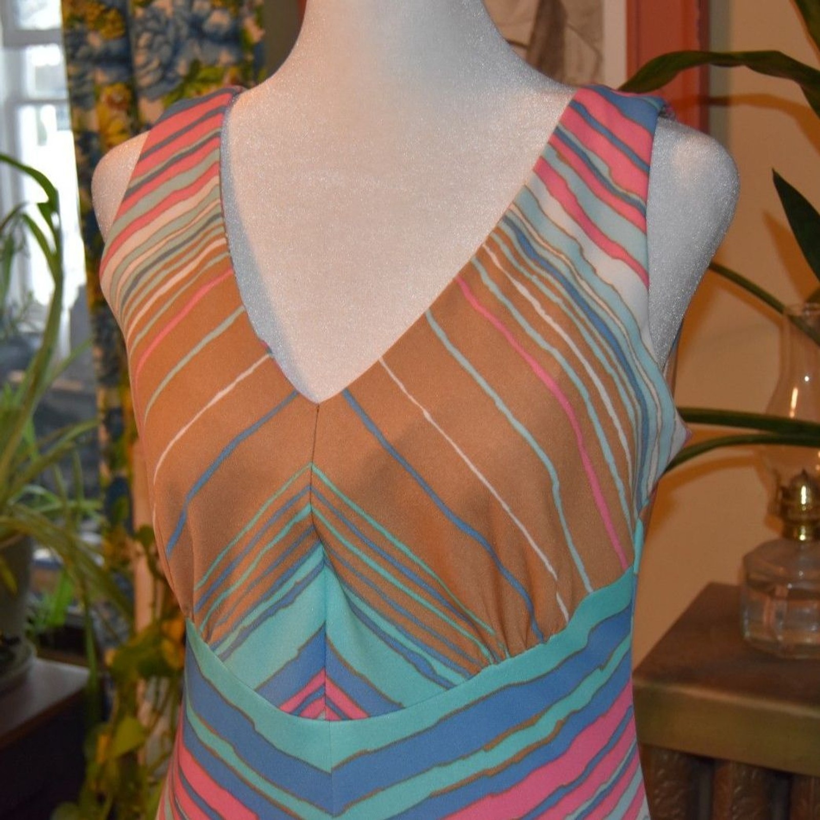 Vintage 1970s Yves Jennet Maxi Striped Psychadelic dress Sleeveless Size Small