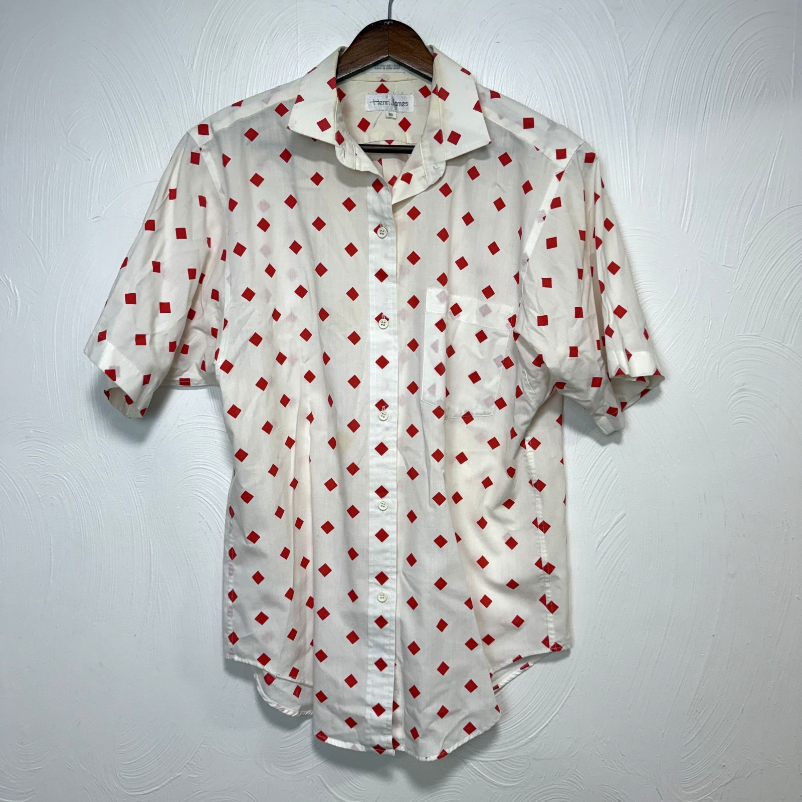 Vintage Henri James Women’s Red Diamond White Short Sleeve Button Up Blouse 10