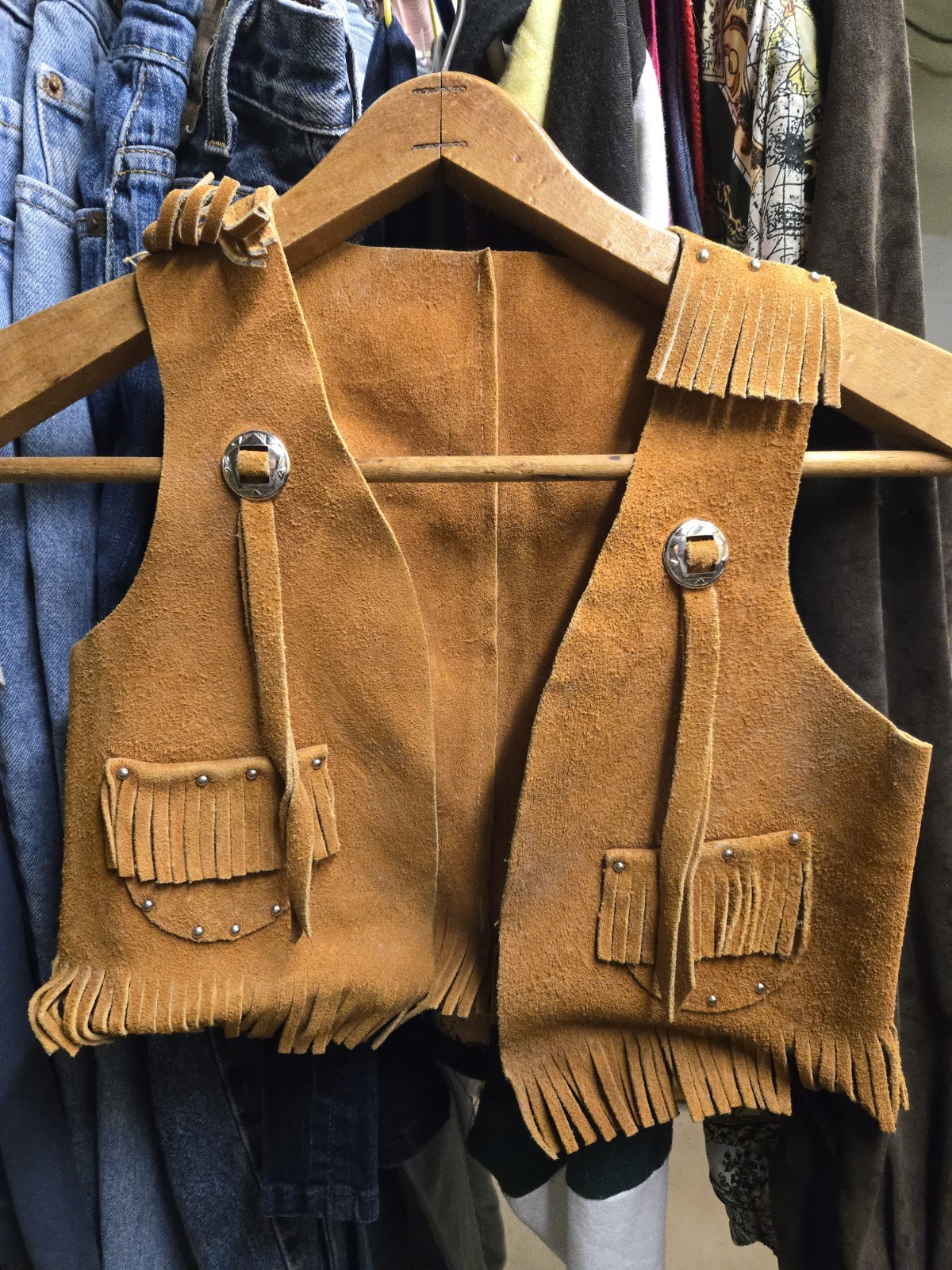 Vintage Sears child’s western fringed suede leather vest, 1970s, Brown With…