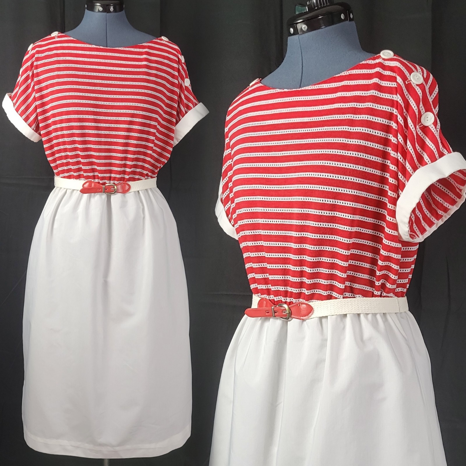 Vintage Boatneck Blouson Dress w Red & White Striped Bodice & White Skirt Size L