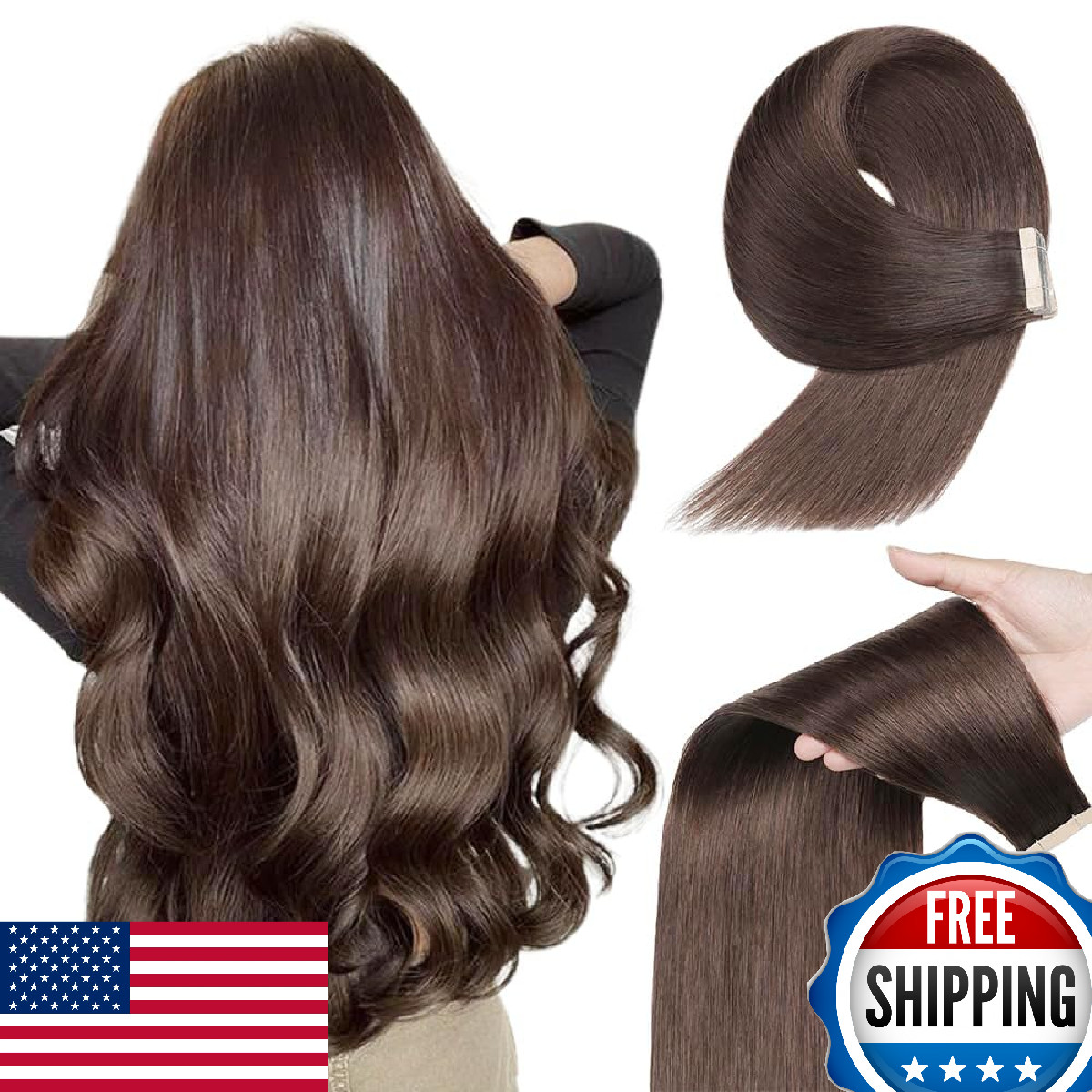OBHD Dark Brown Remy Human Hair Tape Extensions 20pc 14in Invisible Straight