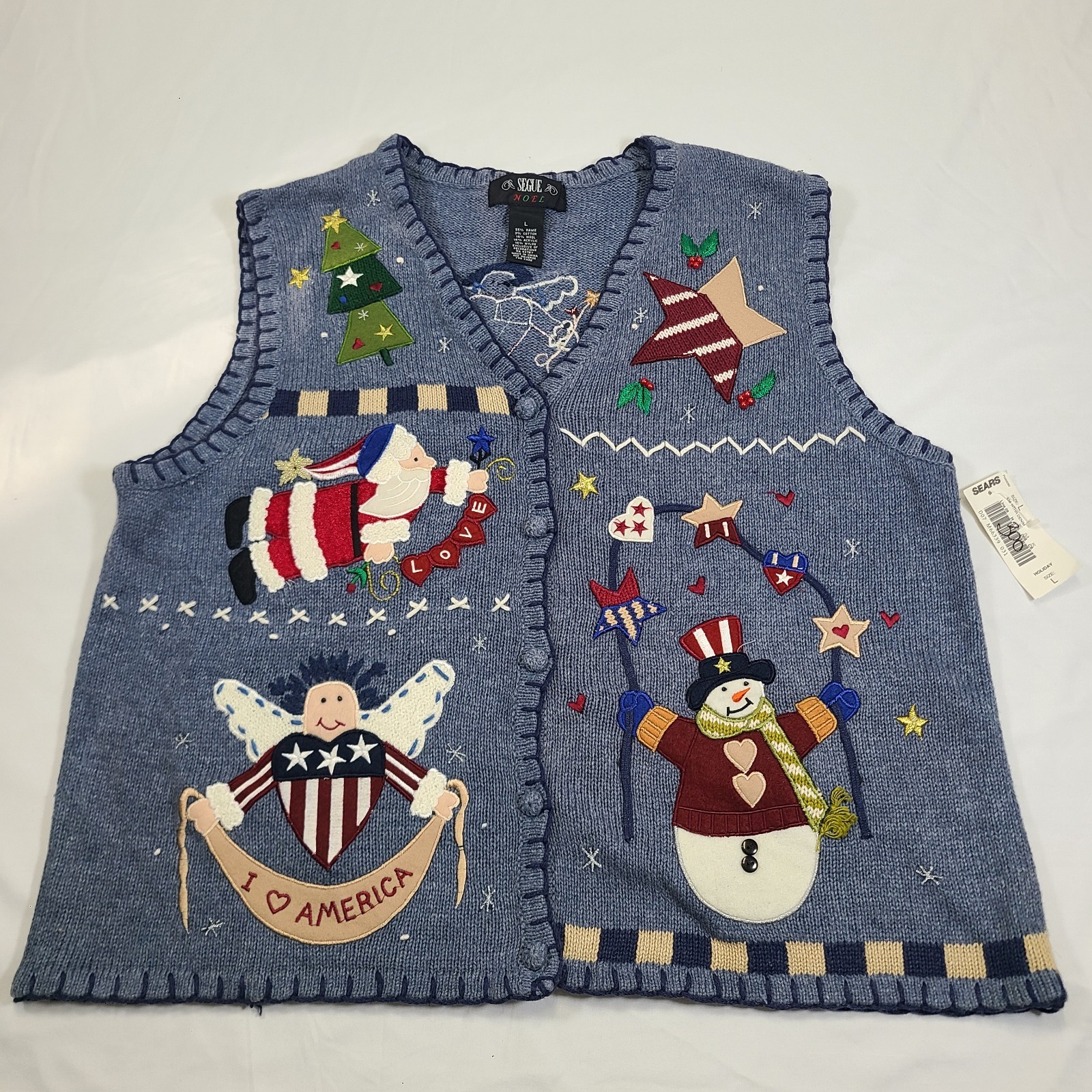 New With Tags Vintage Segue Noel Christmas Patriotic Sweater Vest Blue Large