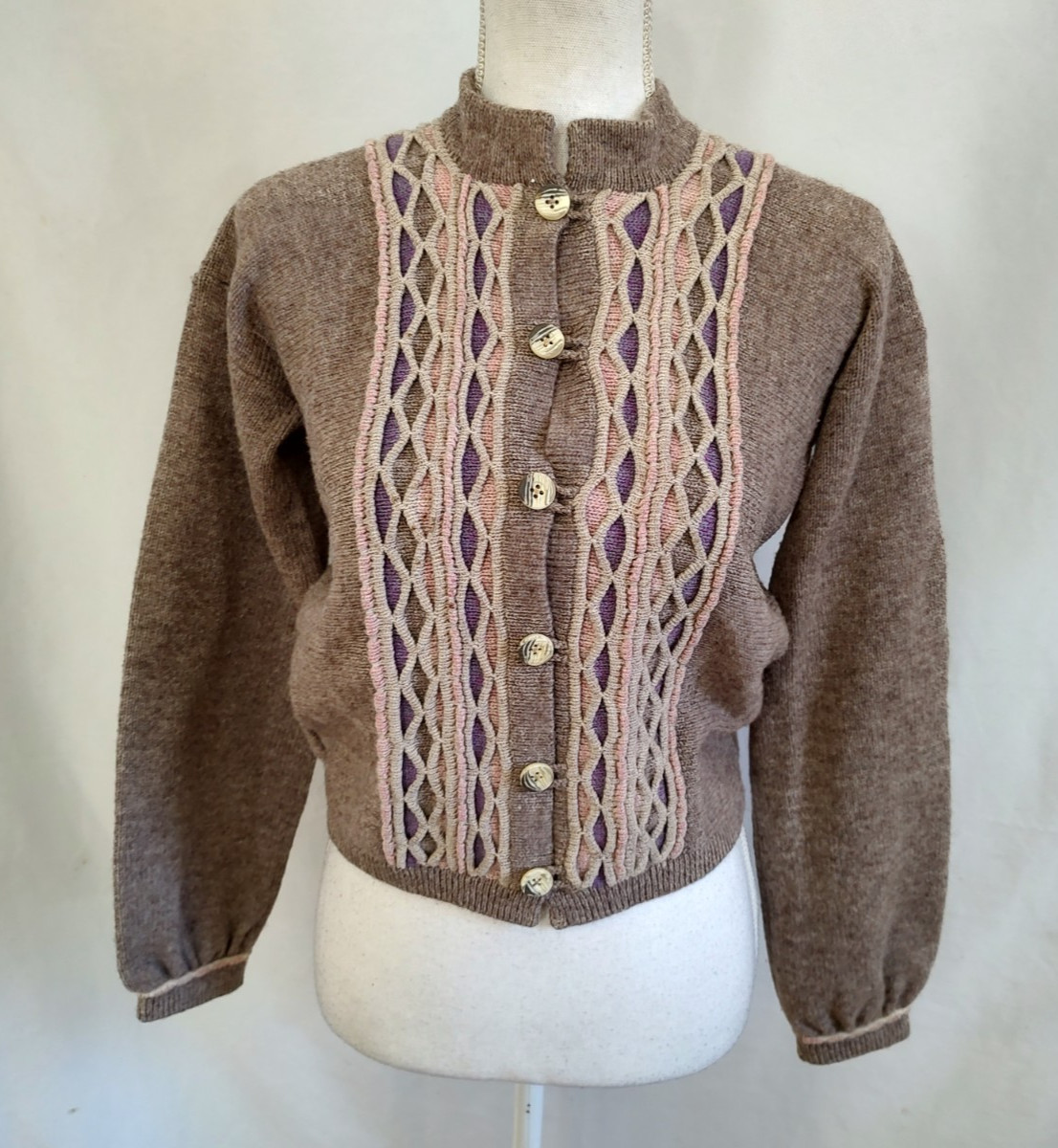 Vintage 60’s Angie Dix Sweater Cardigan 100% New Wool Fancy Knit Rose Gray Small
