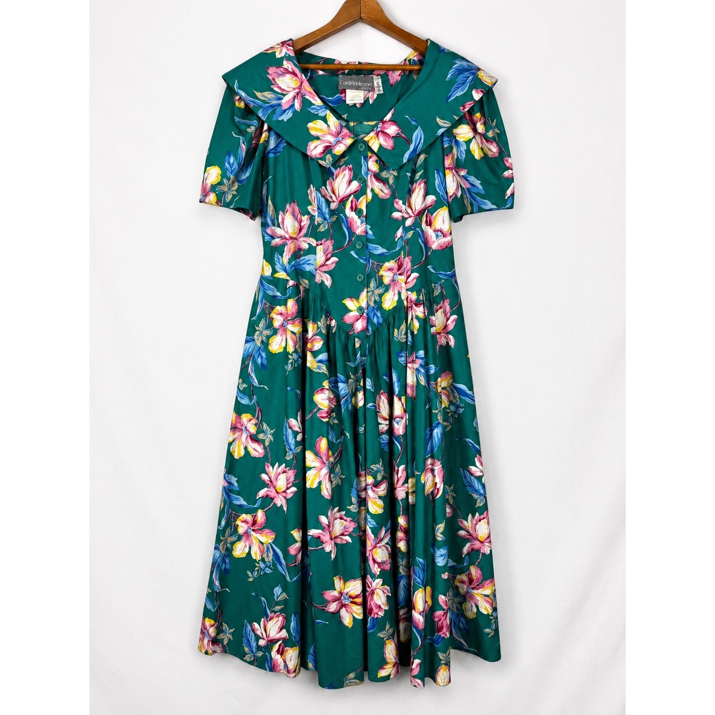 Carol Anderson California Vintage 90s Teal Green Floral Cotton Cottagecore Dress