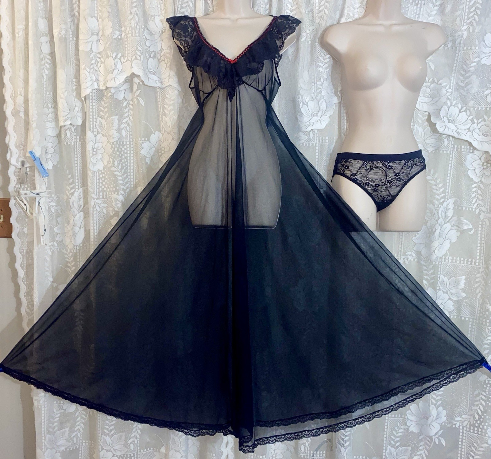 VTG L Black w Red Sheer Chiffon Full Swp Nightgown Negligee & Bonus new Panties