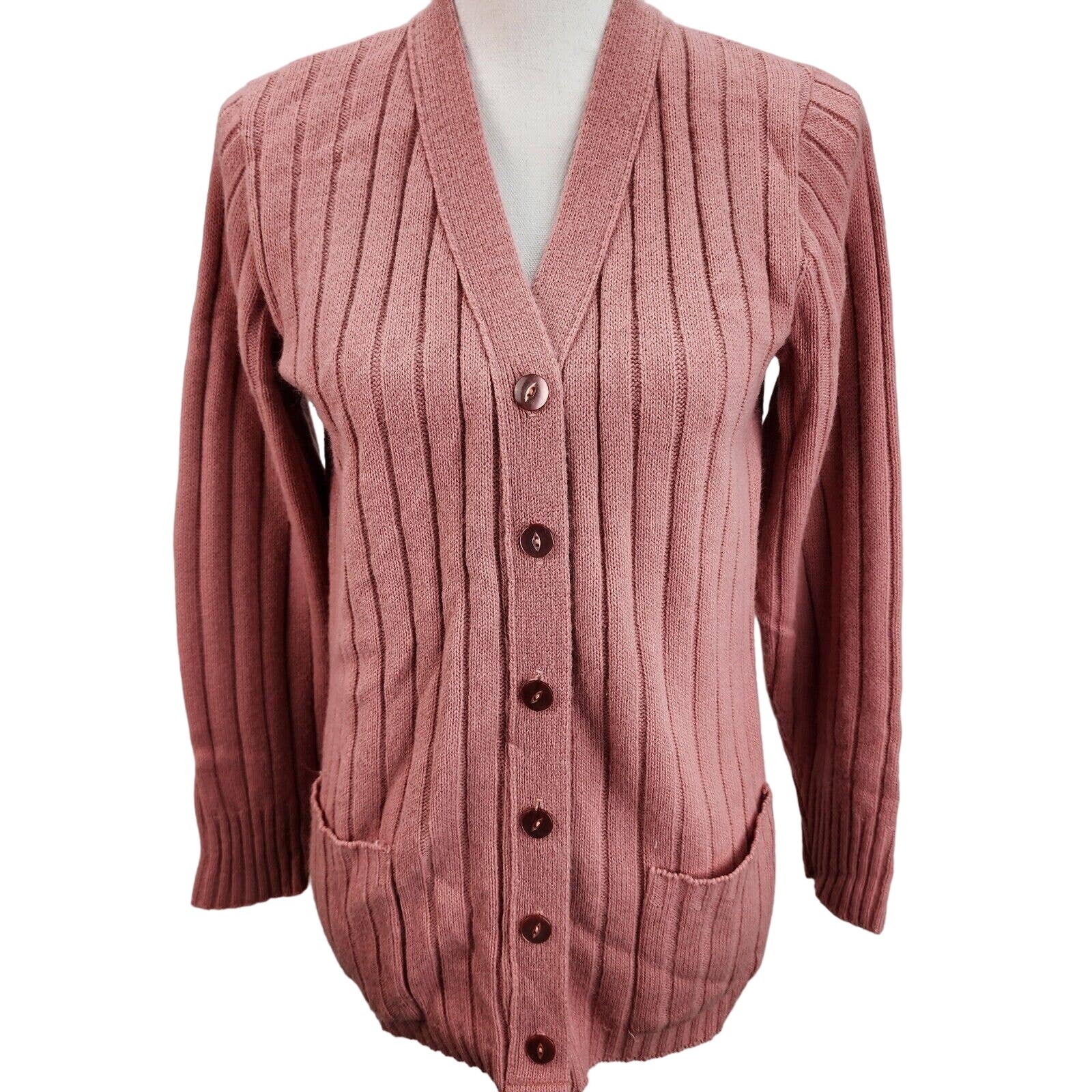 Vintage JC Penney Fashions Mom Sweater MEDIUM Dusty Pink V-Neck Cardigan Office