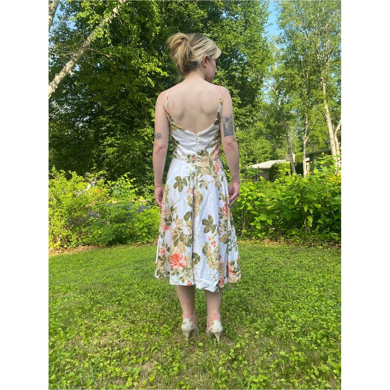 Milly Floral 50s Style Midi Dress in Cream Pink Floral 100% cotton Y2k Vintage