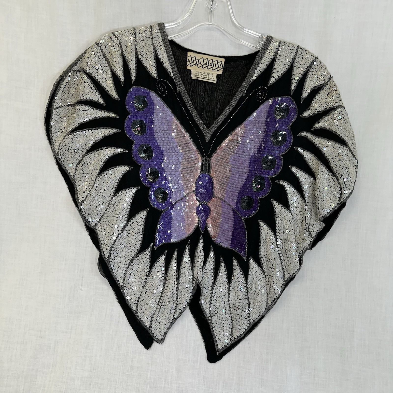Vintage All That Jazz 80’s Sequined Silk Butterfly Poncho Top S Glam Boho