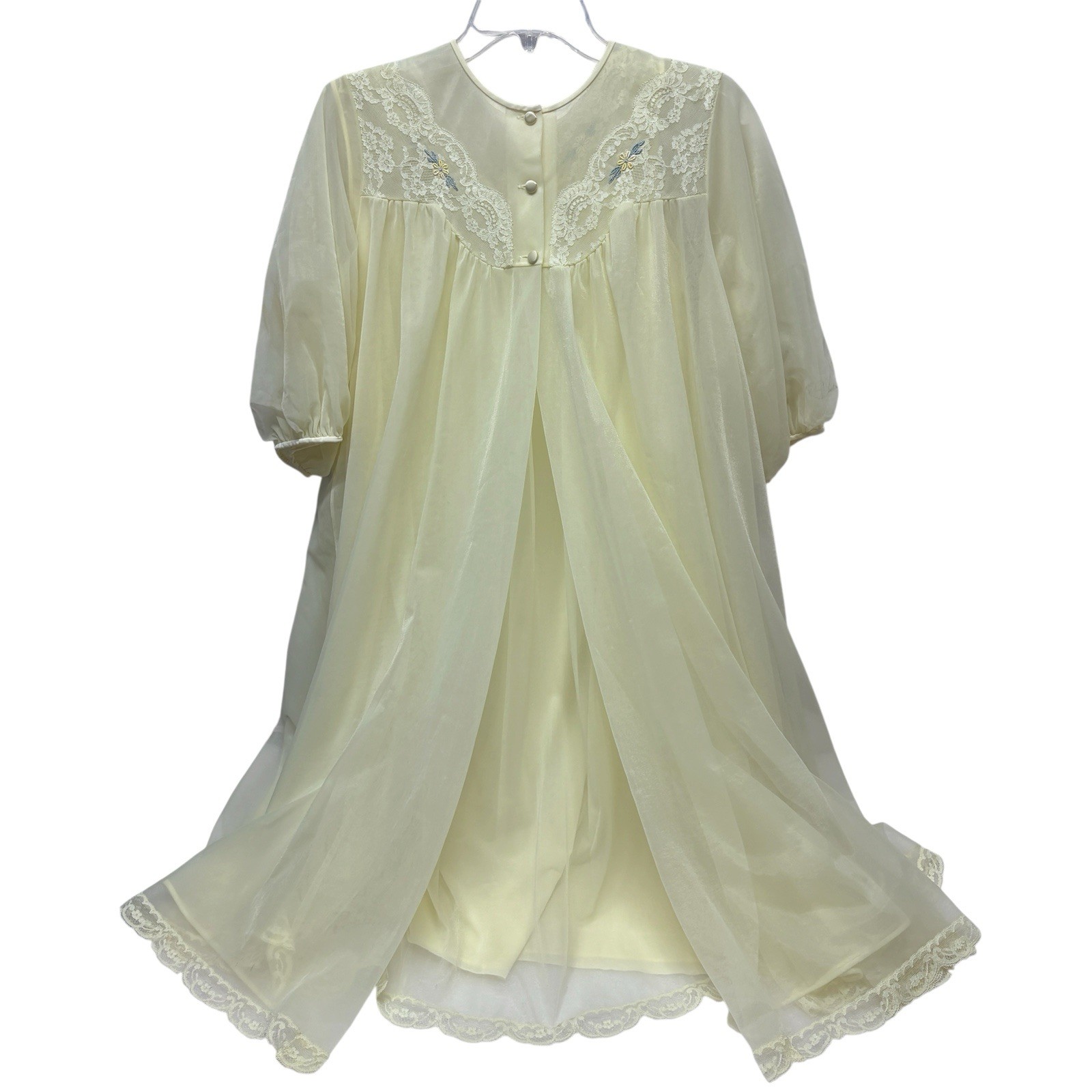VTG Shadowline Bridal SILKY Peignoir Lace Trim Embroidered Nylon Robe Nightgown