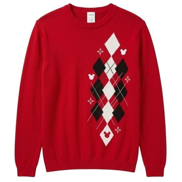 Vintage 90s Mickey Mouse Disney Argyle Pullover Sweater Oversized Red – XL