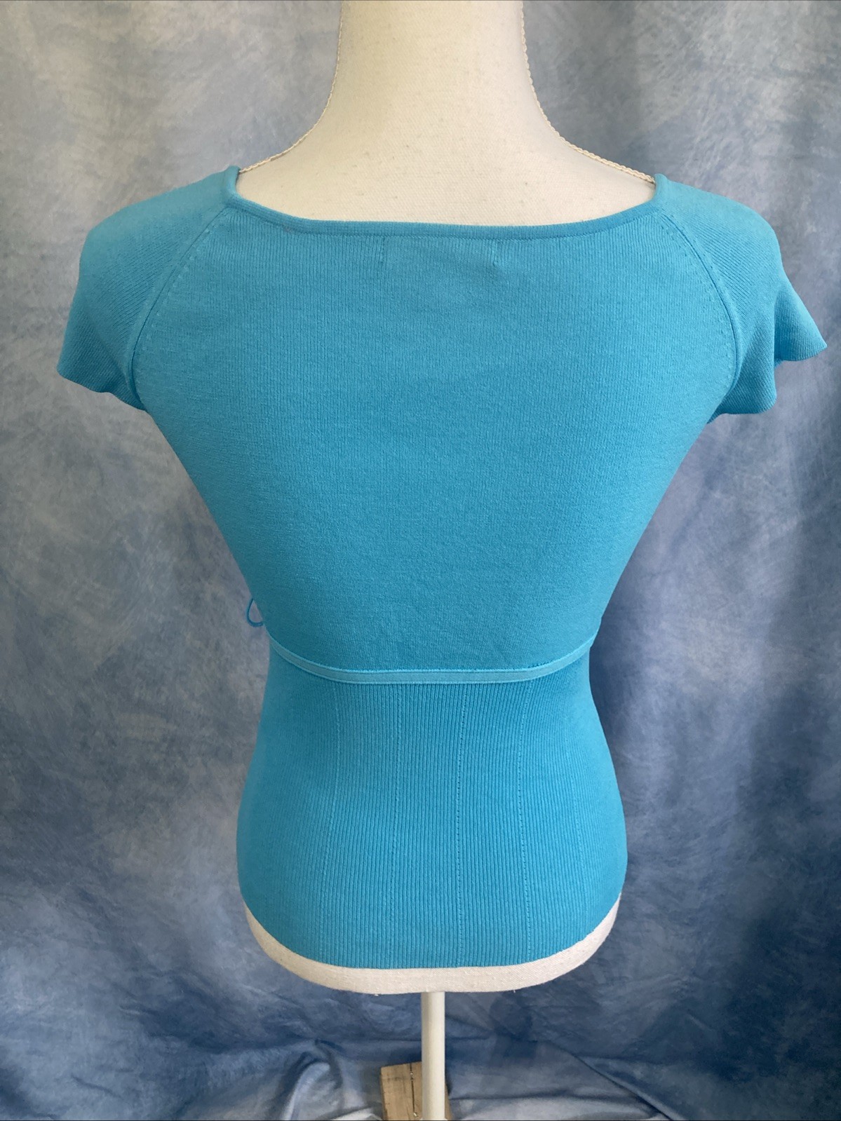 Vintage Casual Corner Turquoise Ribbed Knit Top Size Small Tie Waist Y2K EUC